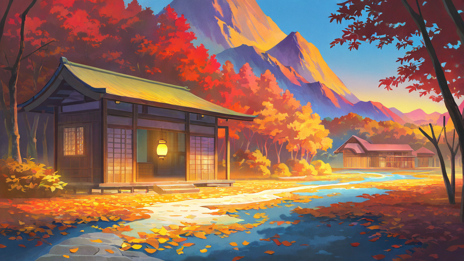 autumn maple village lofi wallpaper