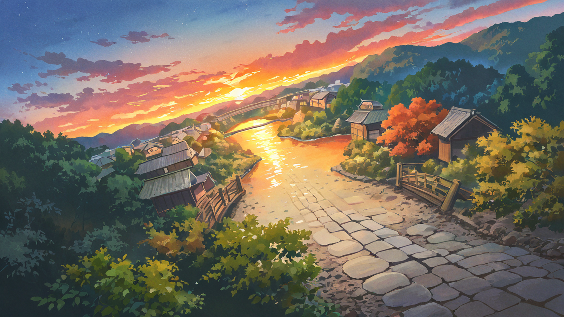 autumn maple village lofi wallpaper