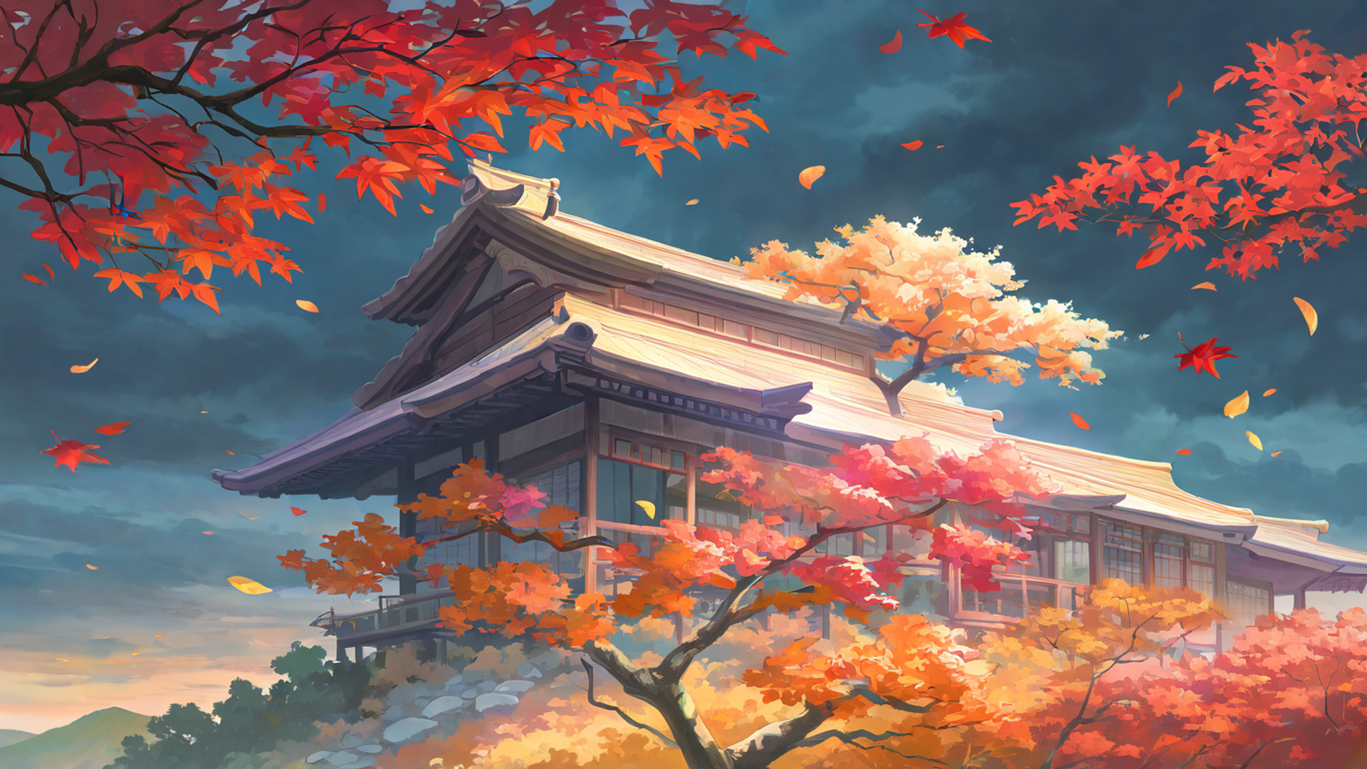 autumn maple village lofi wallpaper