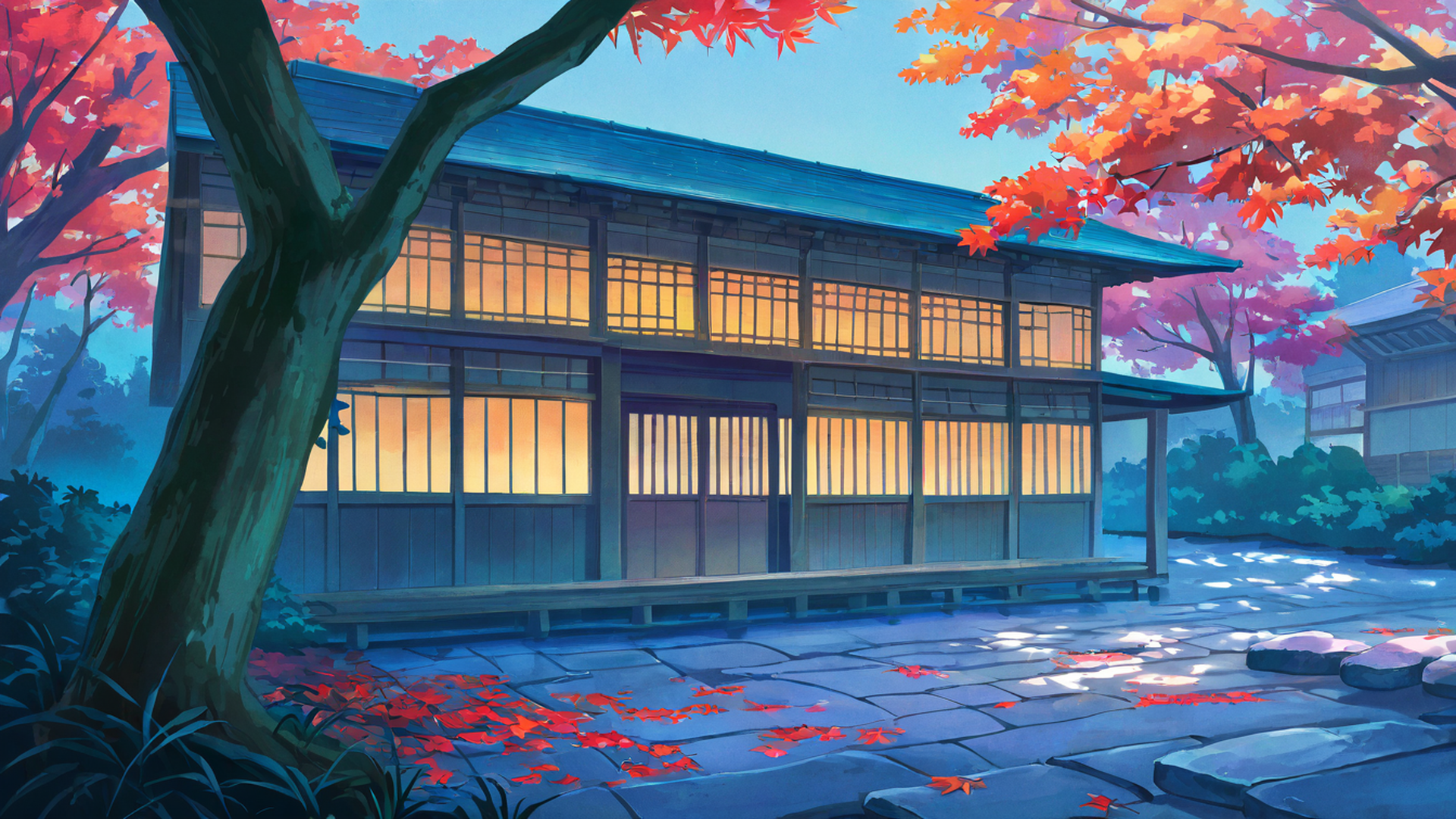 autumn maple village lofi wallpaper