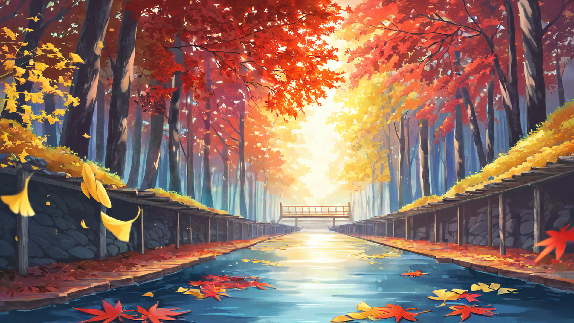 autumn maple village lofi wallpaper