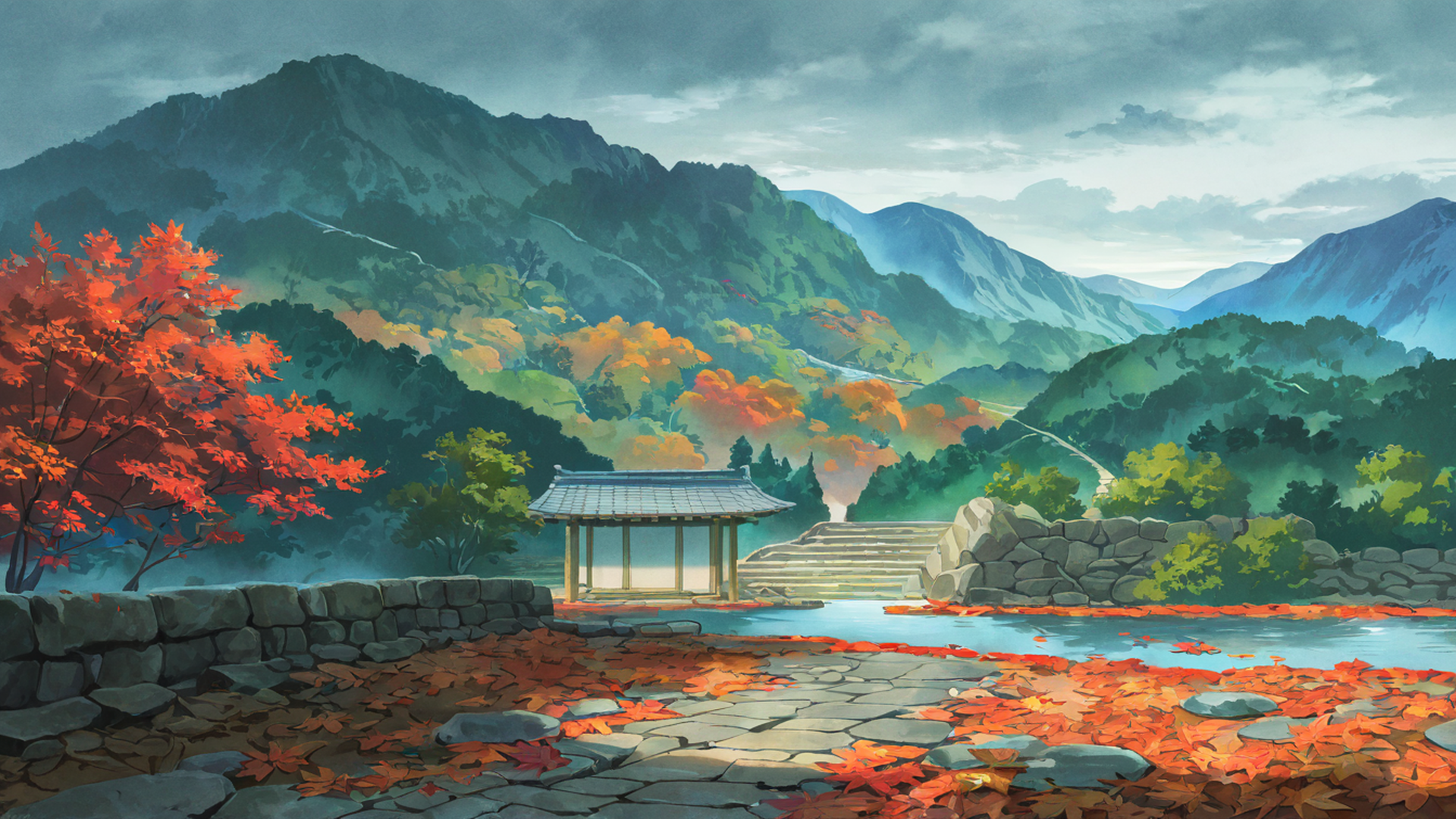 autumn maple village lofi wallpaper