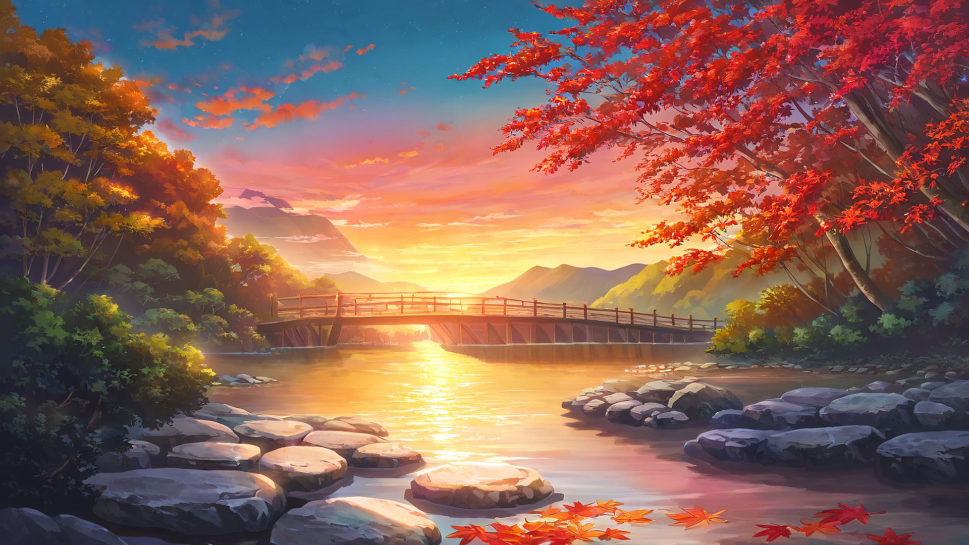 autumn maple village lofi wallpaper