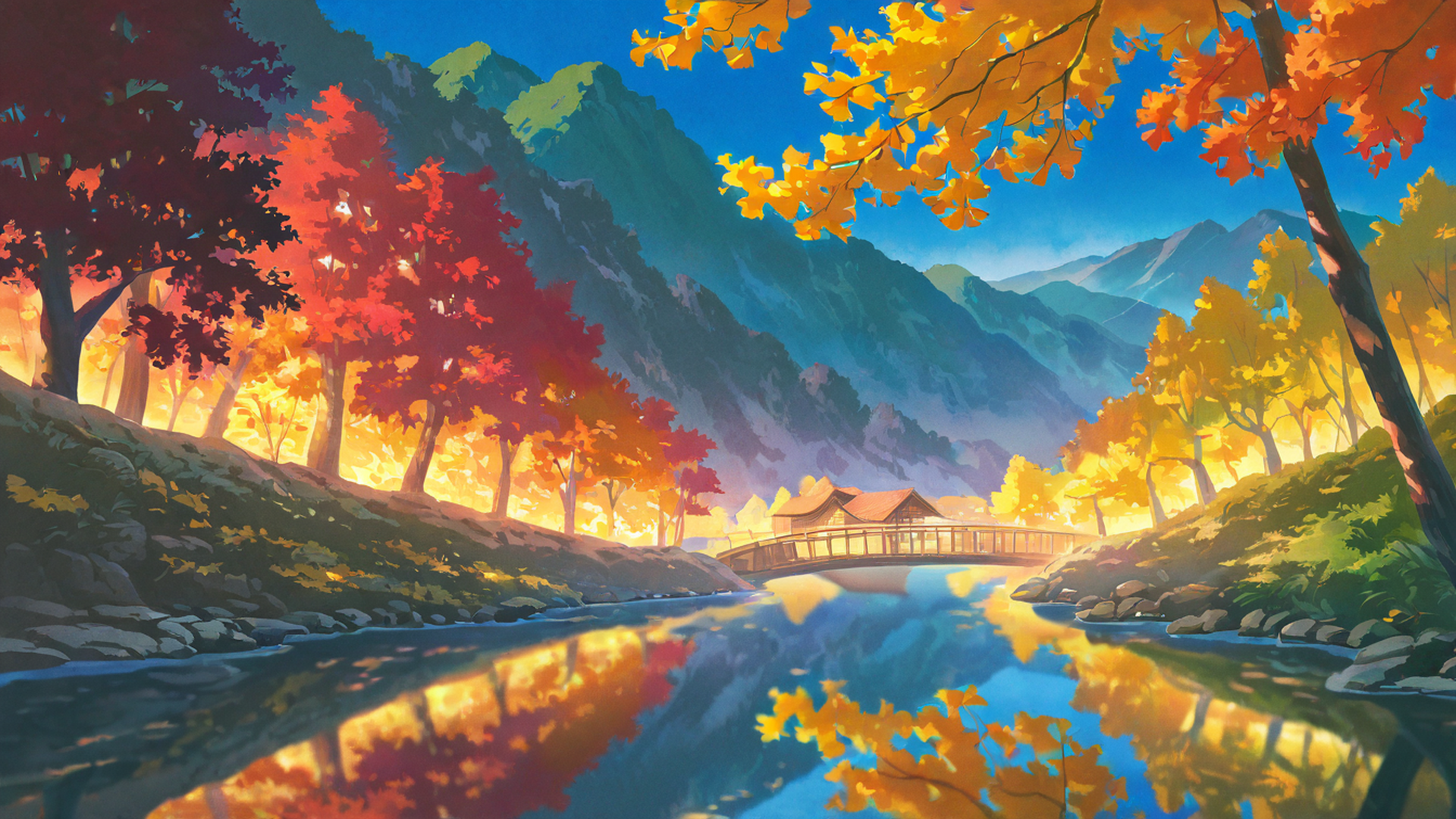 autumn maple village lofi wallpaper