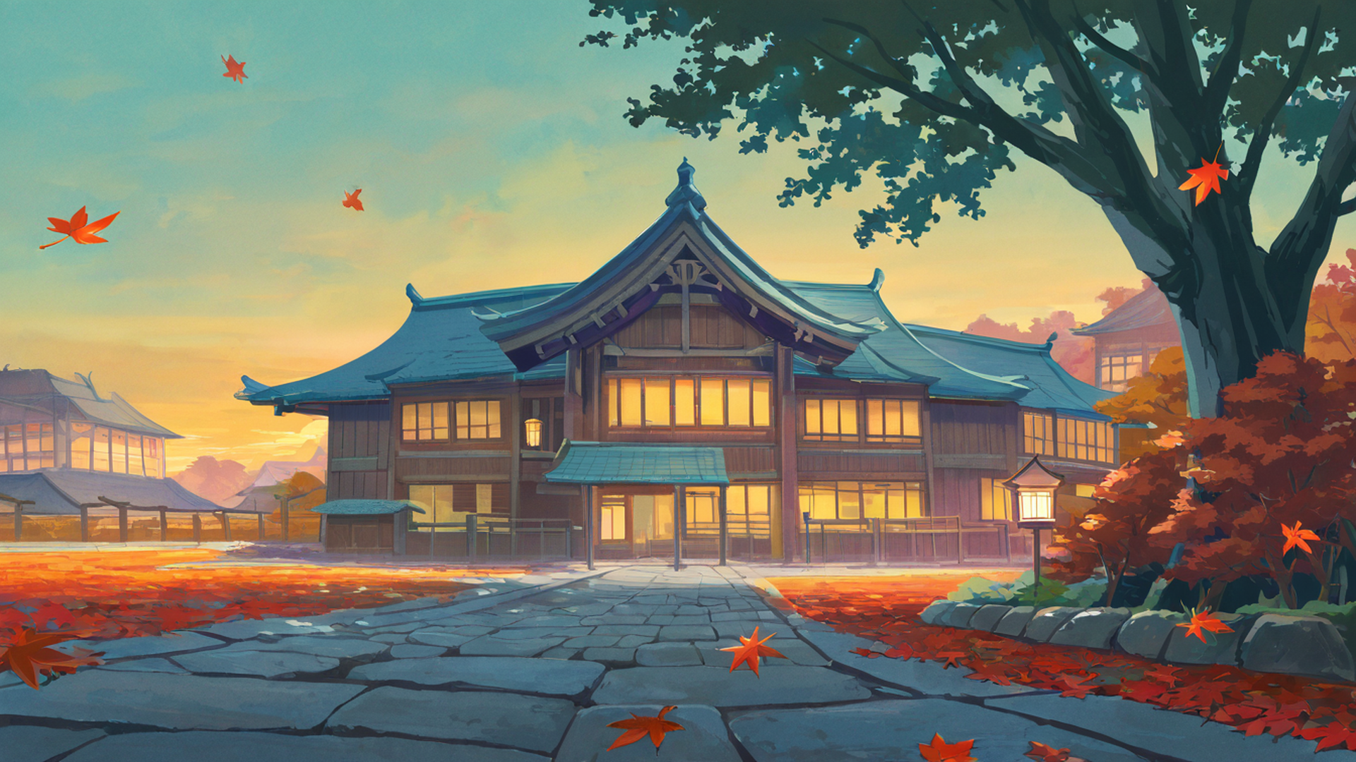 autumn maple village lofi wallpaper
