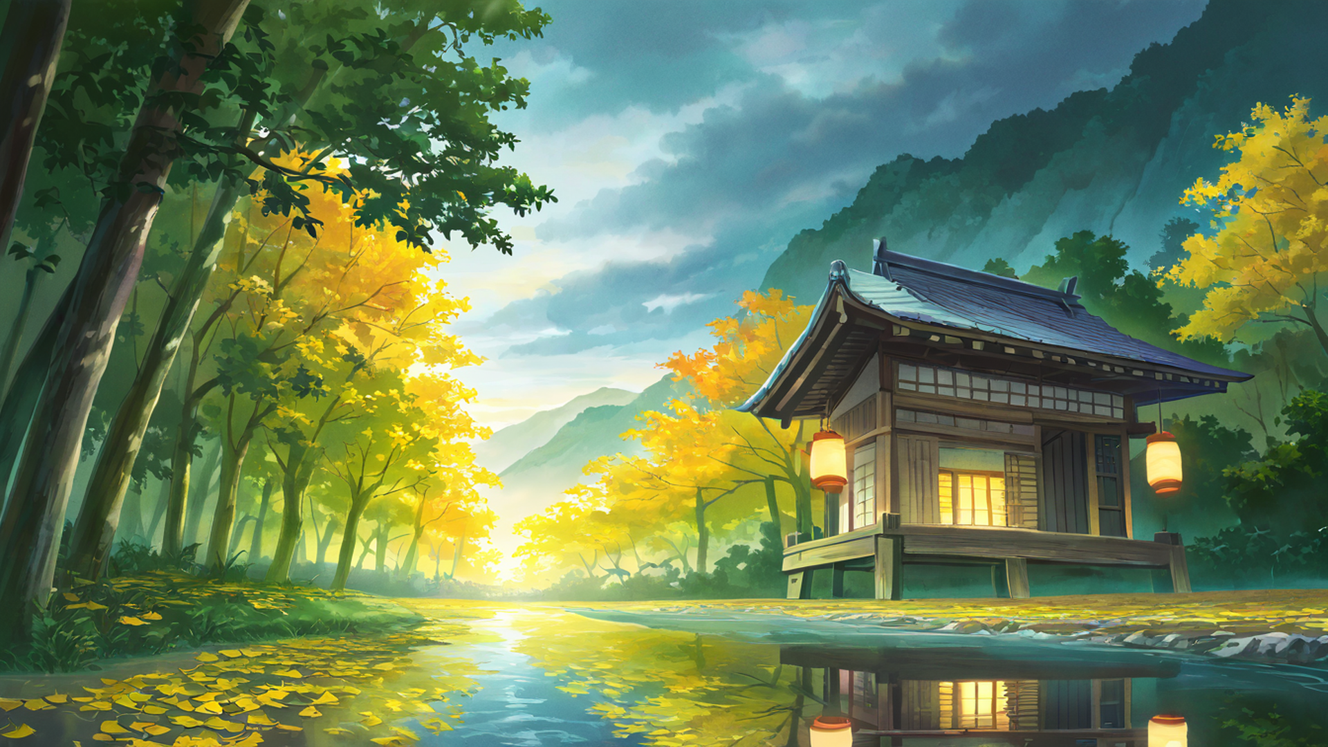 autumn maple village lofi wallpaper