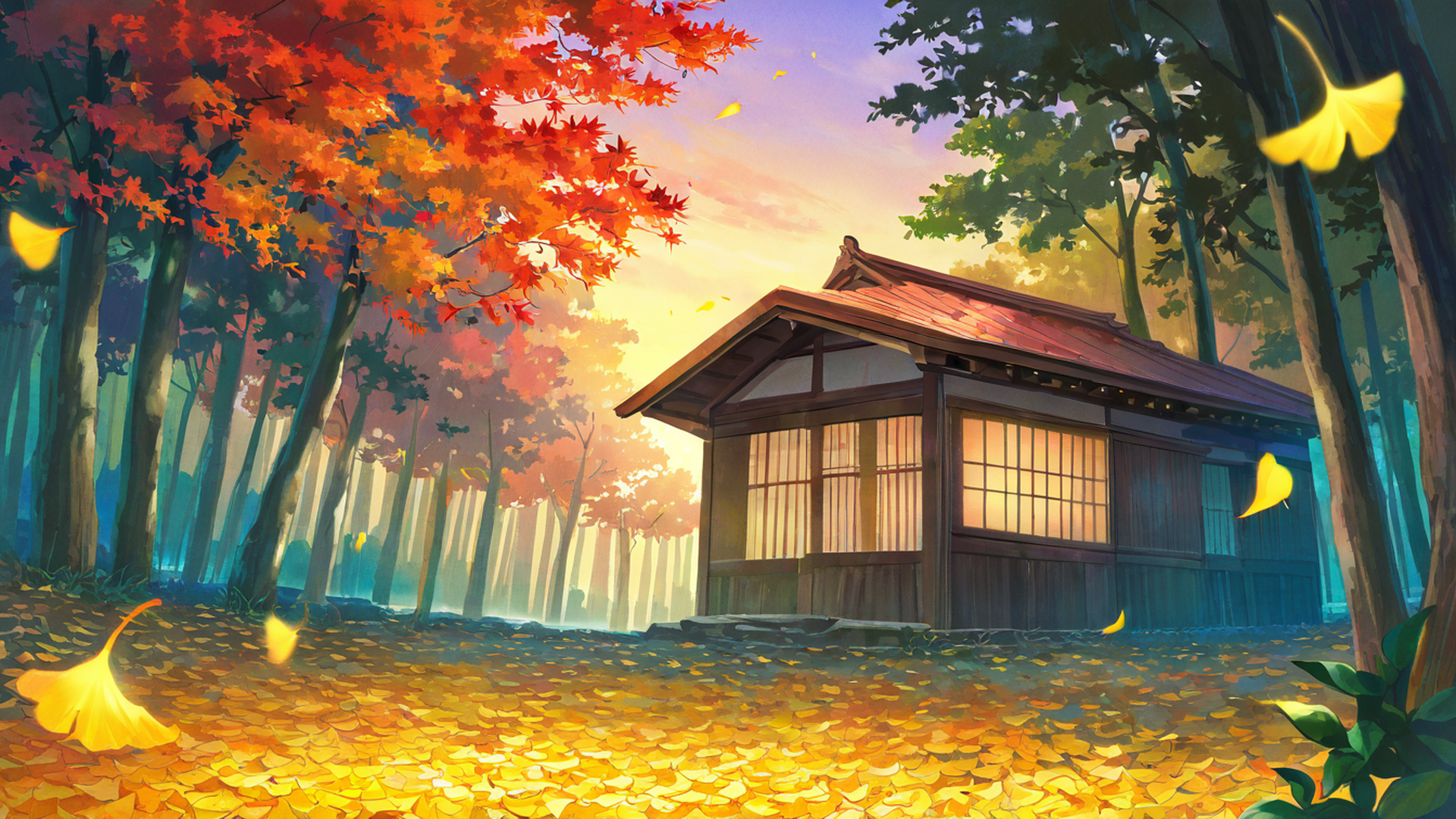 autumn maple village lofi wallpaper