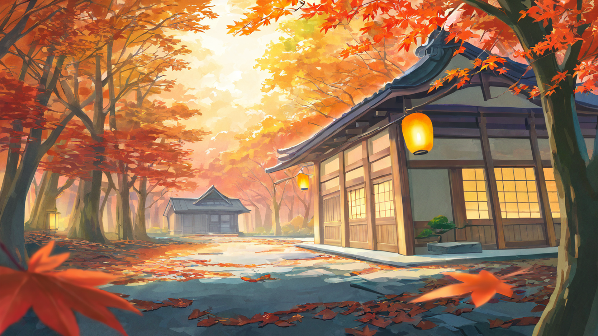 autumn maple village lofi wallpaper