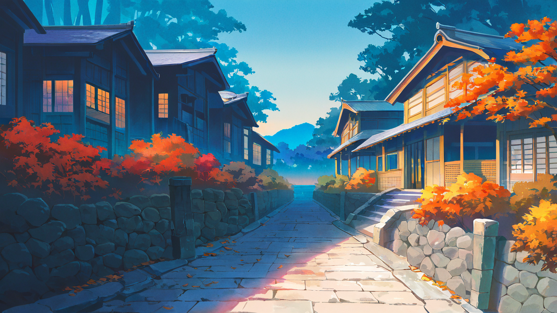 autumn maple village lofi wallpaper