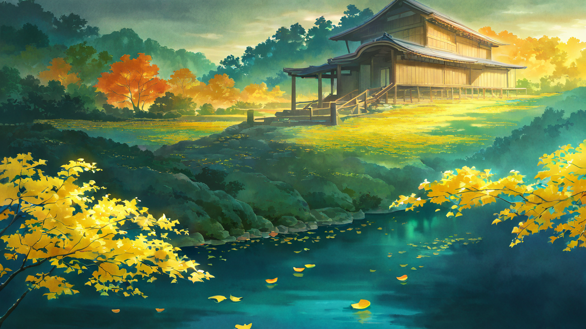 autumn maple village lofi wallpaper