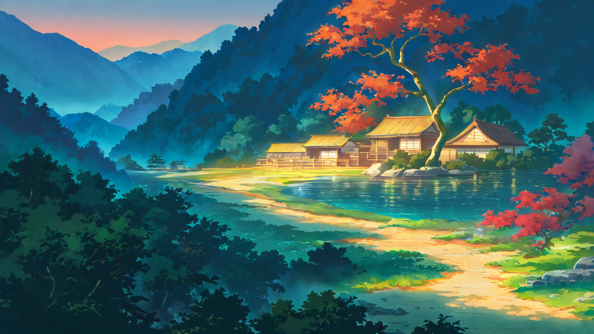 autumn maple village lofi wallpaper