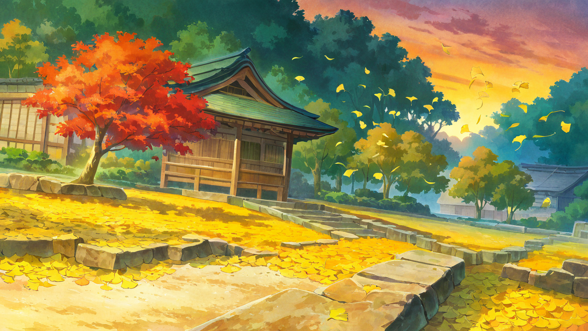 autumn maple village lofi wallpaper