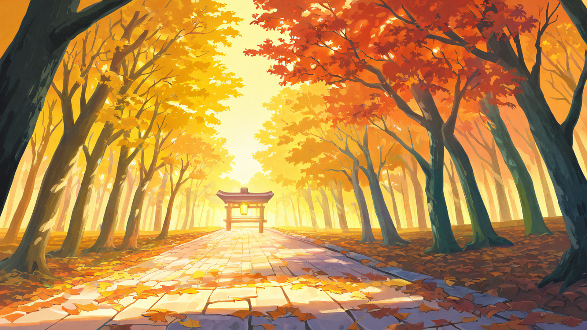 autumn maple village lofi wallpaper