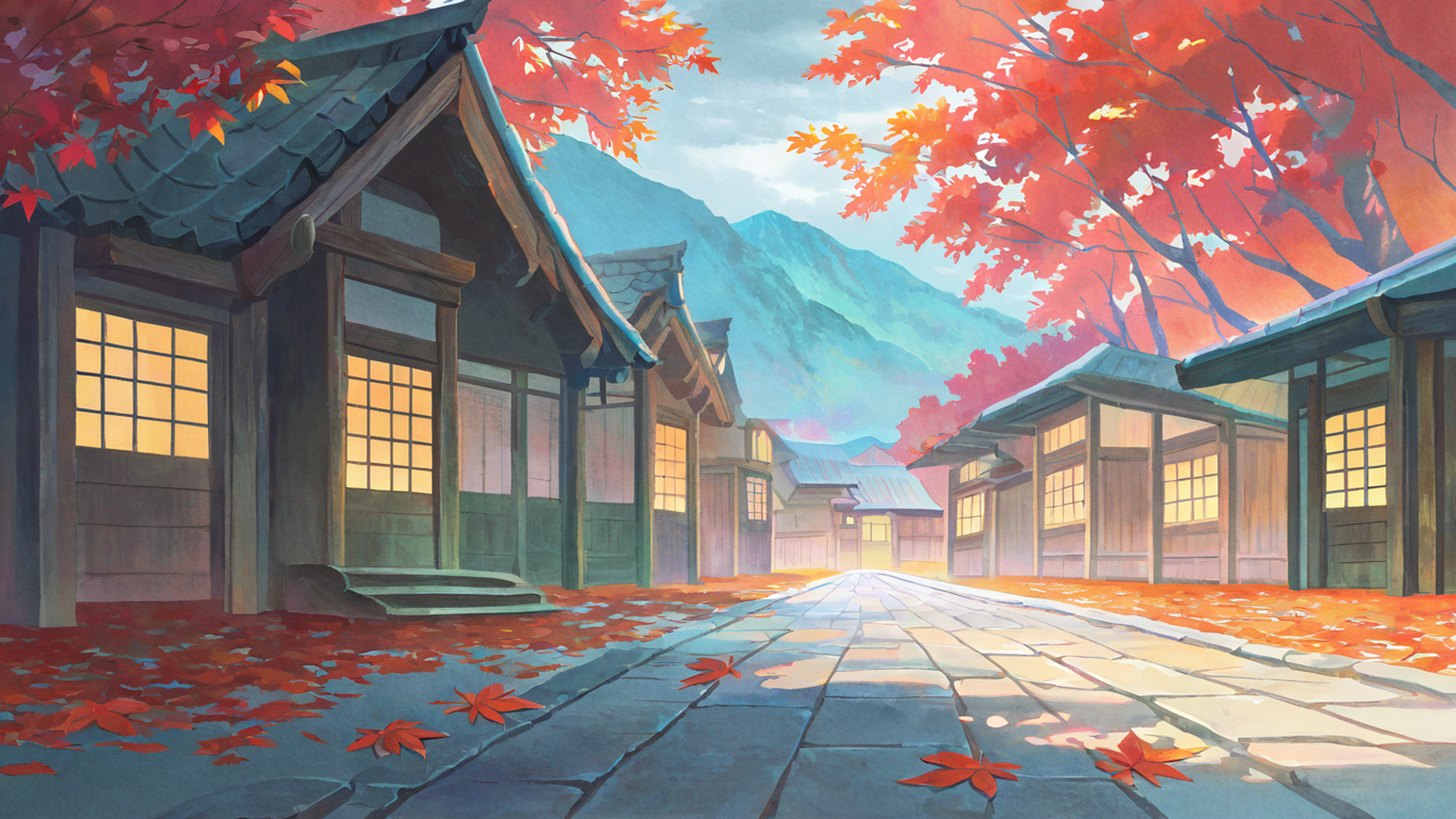 autumn maple village lofi wallpaper