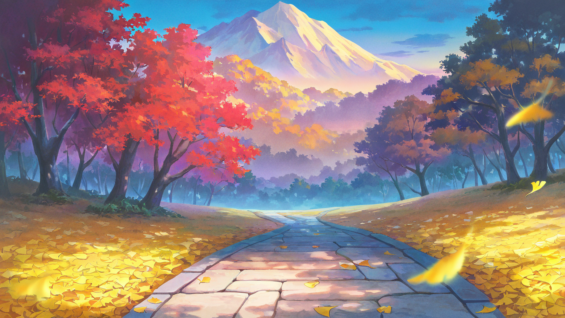 autumn maple village lofi wallpaper