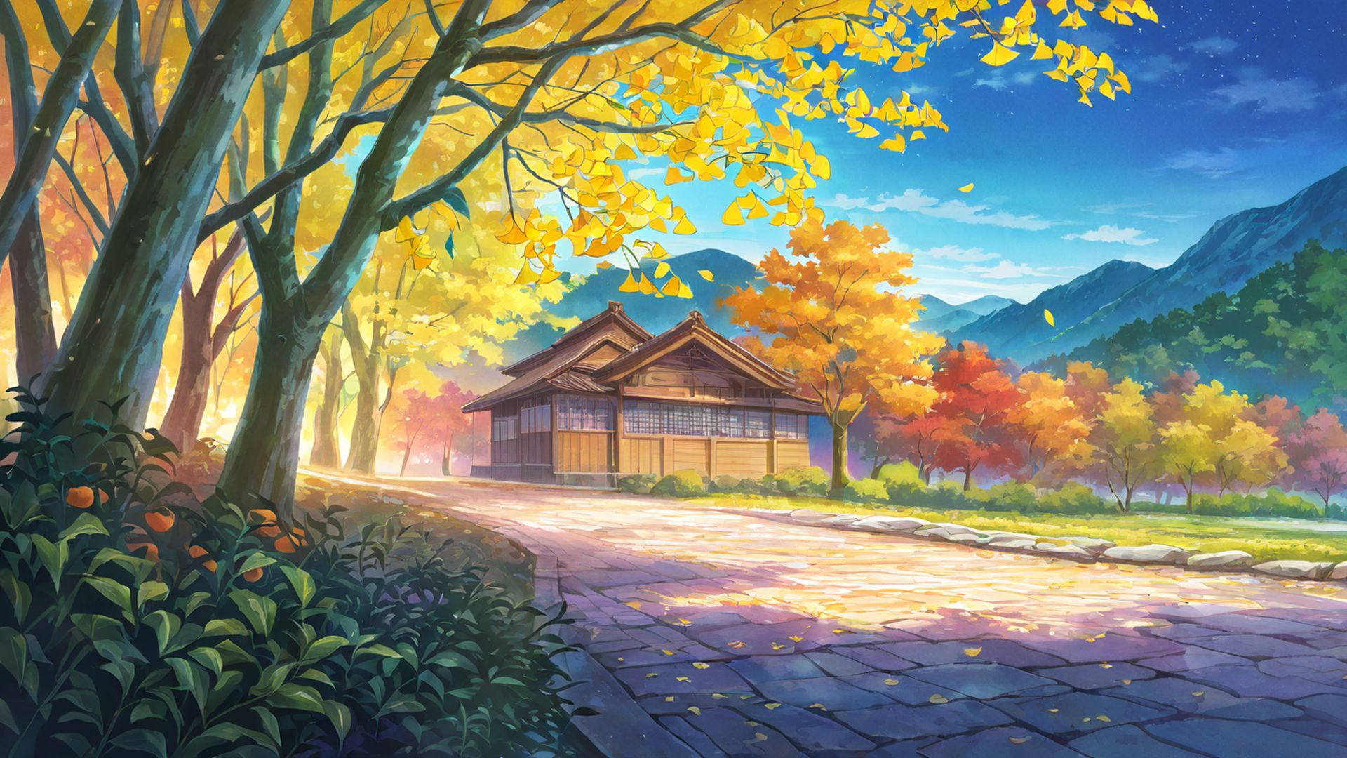autumn maple village lofi wallpaper