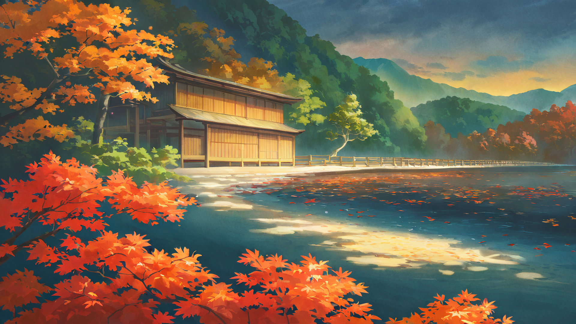 autumn maple village lofi wallpaper