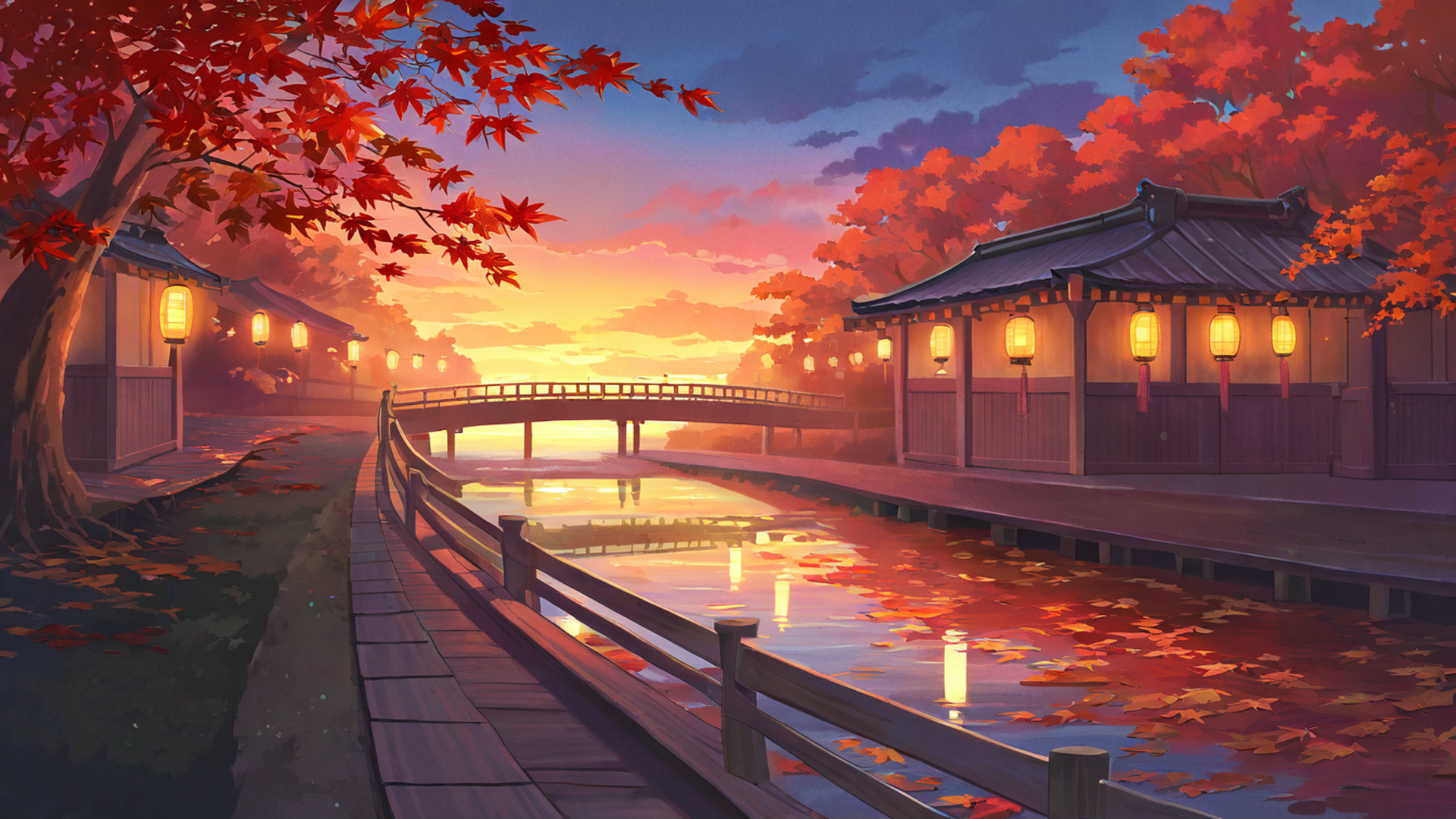 autumn maple village lofi wallpaper