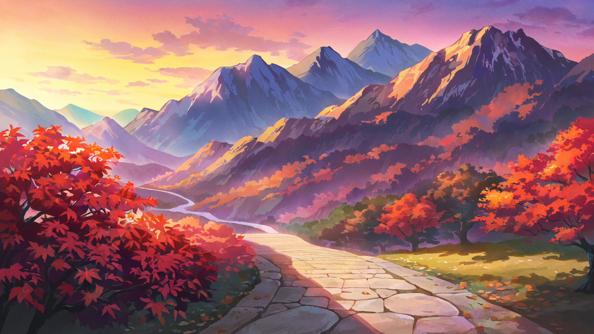 autumn maple village lofi wallpaper