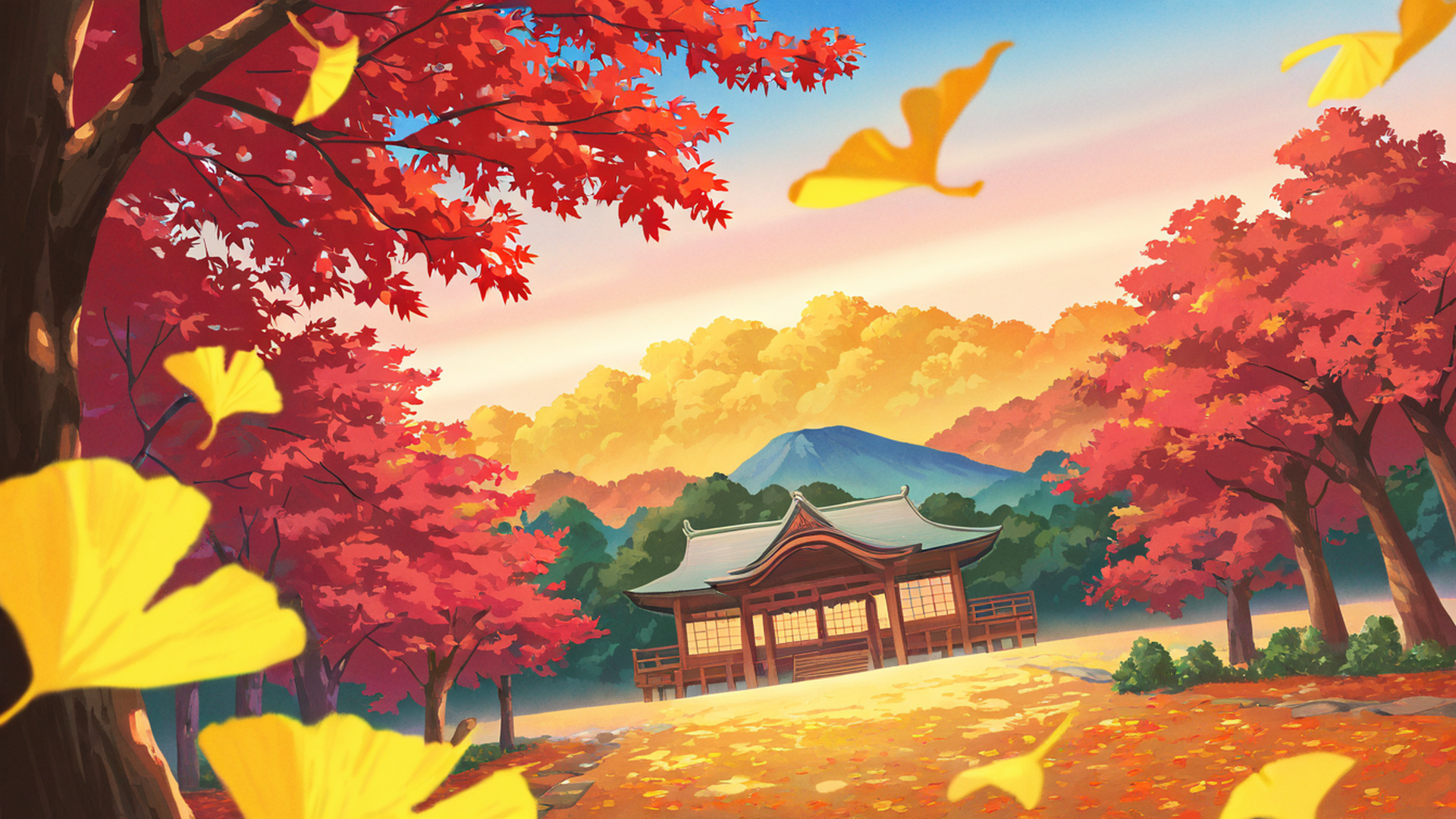 autumn maple village lofi wallpaper