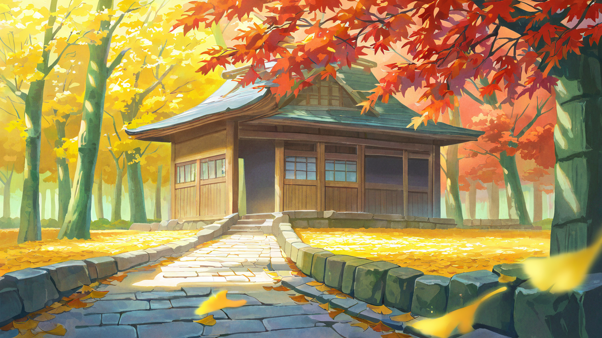 autumn maple village lofi wallpaper