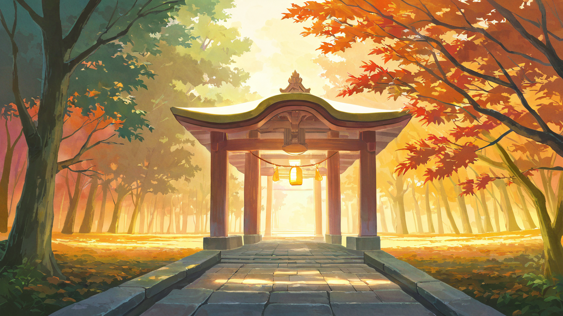 autumn maple village lofi wallpaper