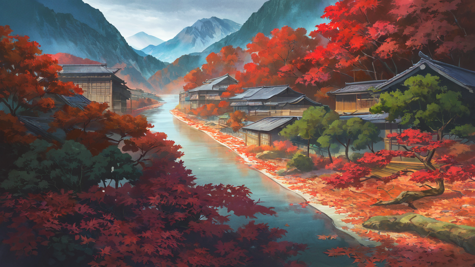 autumn maple village lofi wallpaper