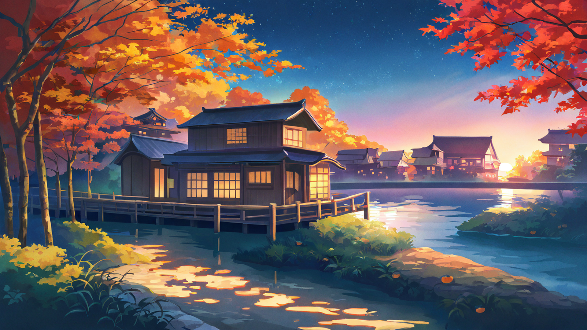autumn maple village lofi wallpaper