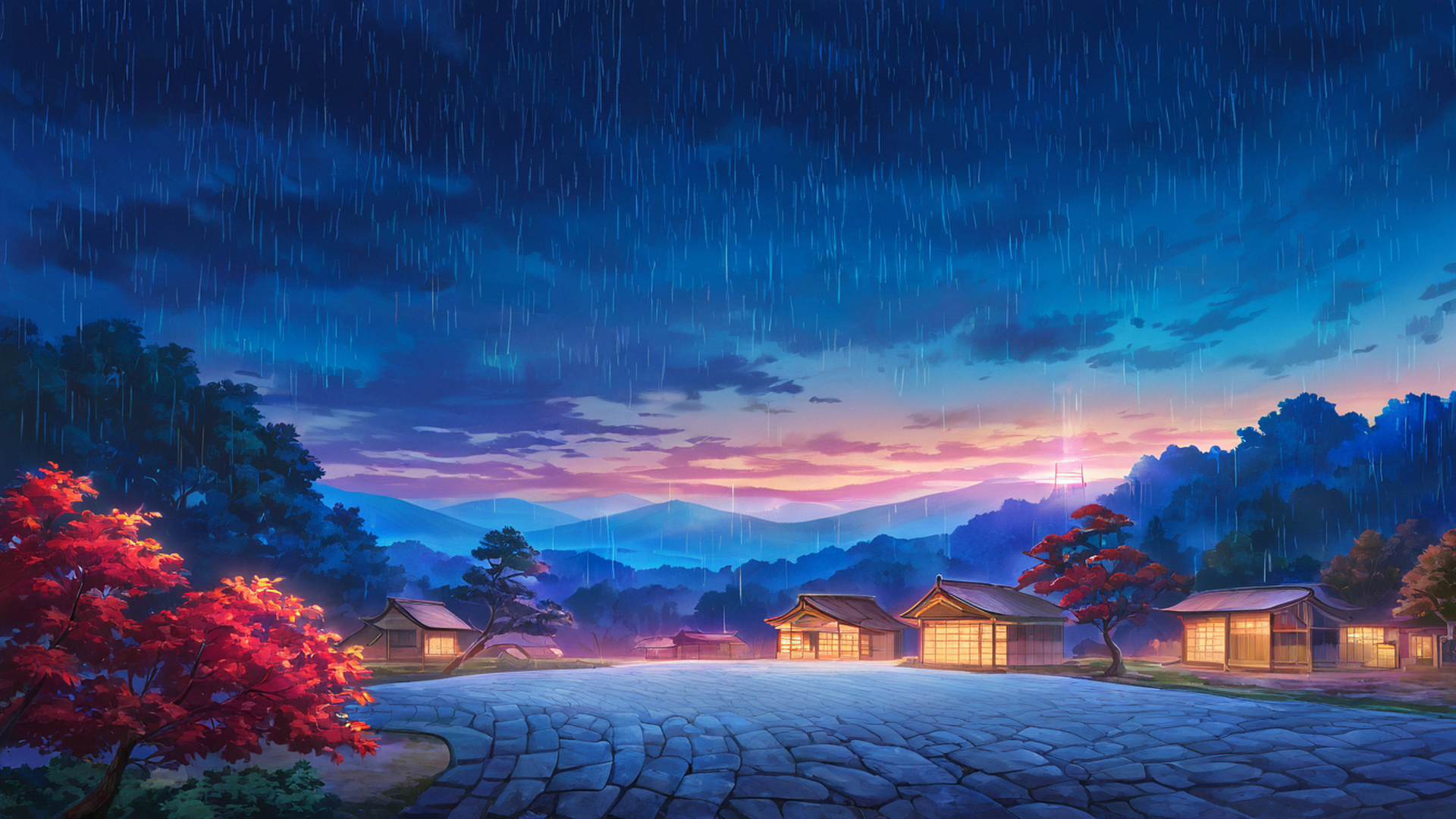 autumn maple village lofi wallpaper