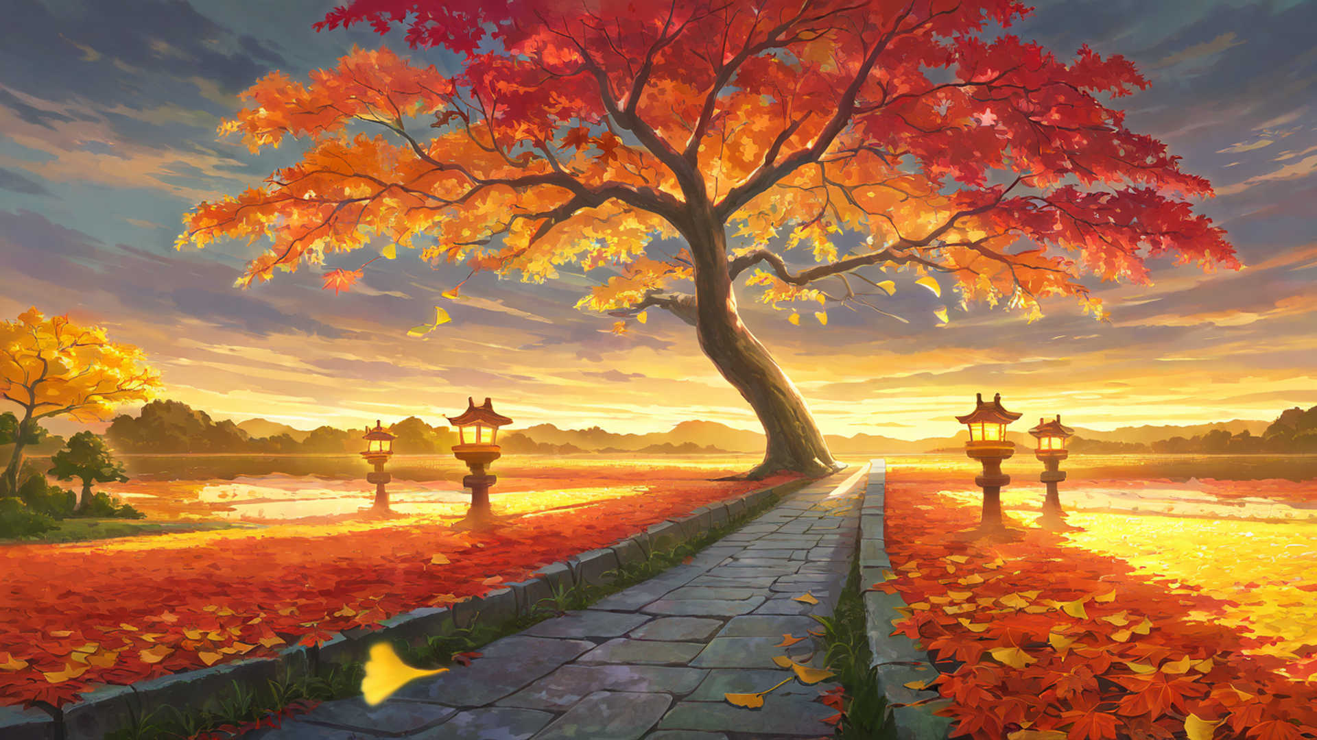 autumn maple village lofi wallpaper