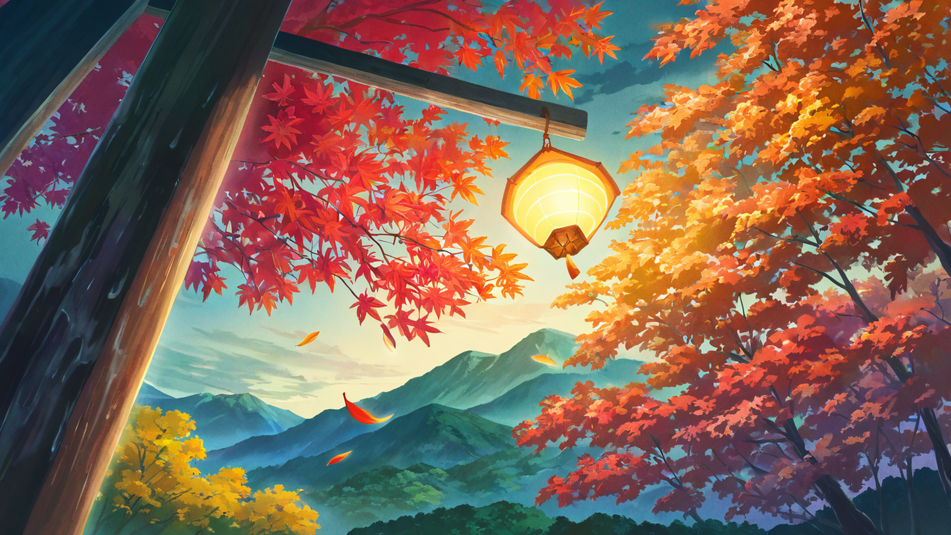 autumn maple village lofi wallpaper