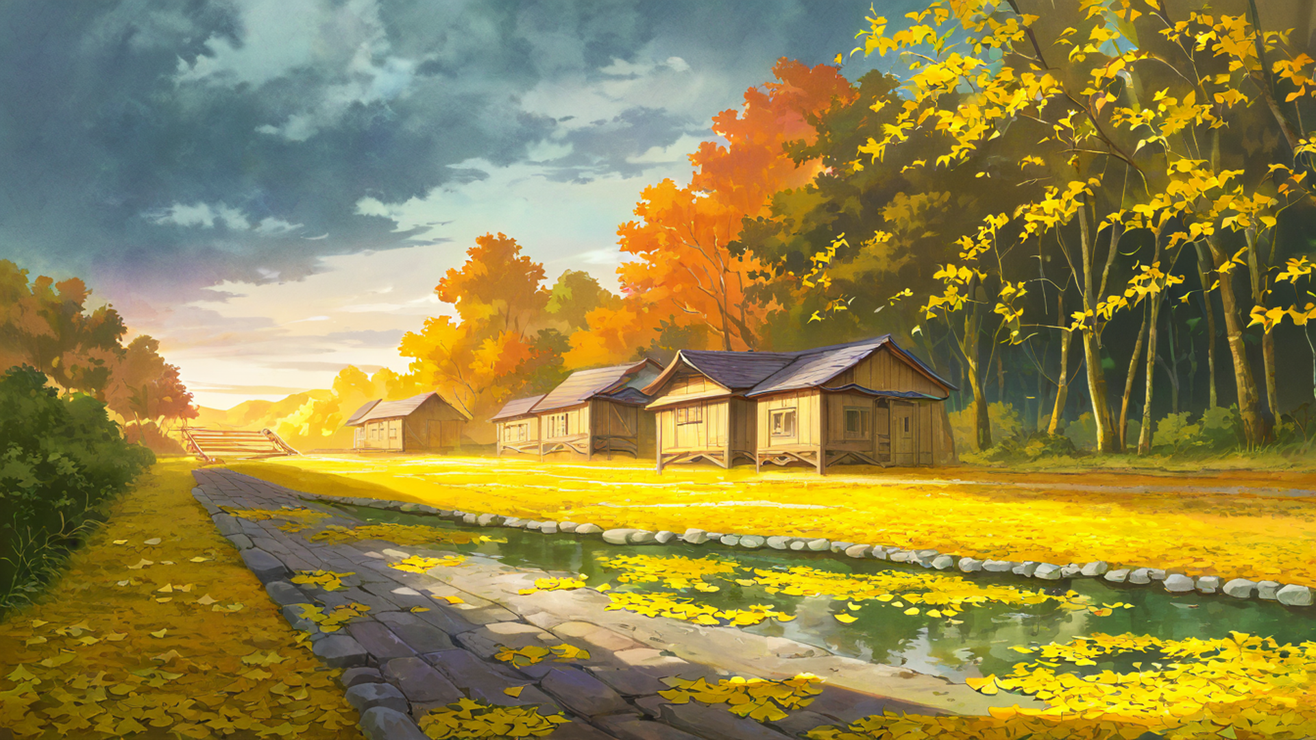 autumn maple village lofi wallpaper