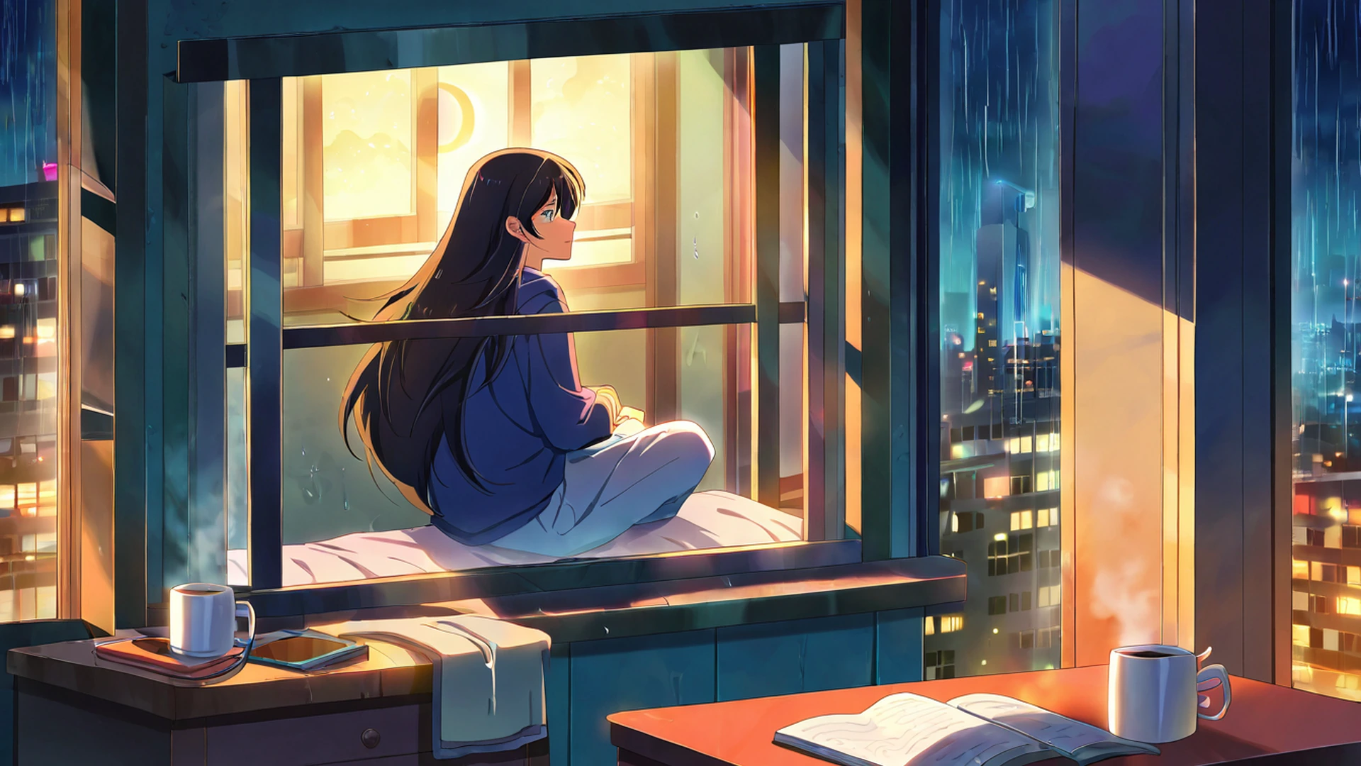 bedroom window night lofi wallpaper