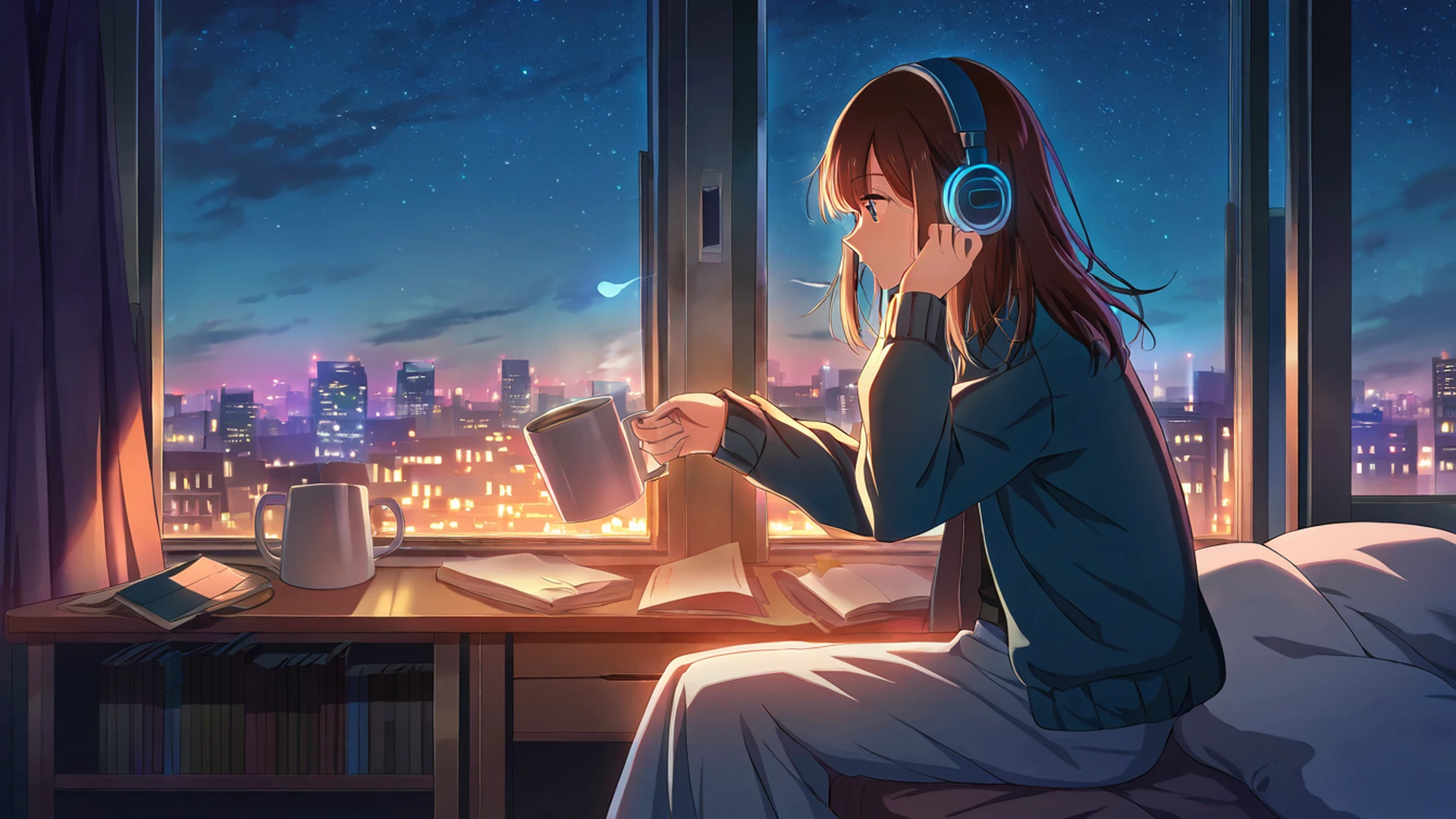 bedroom window night lofi wallpaper