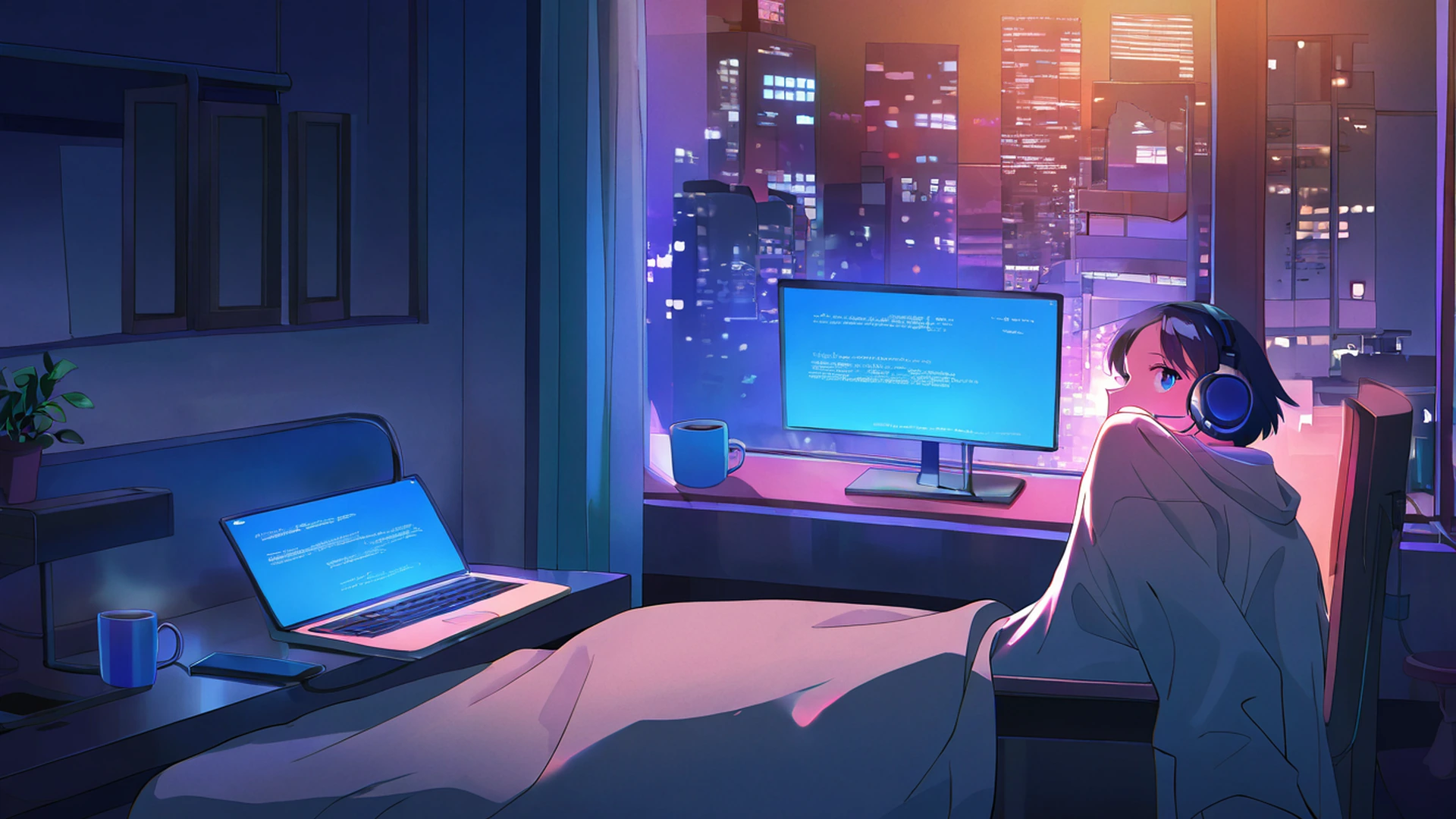 bedroom window night lofi wallpaper