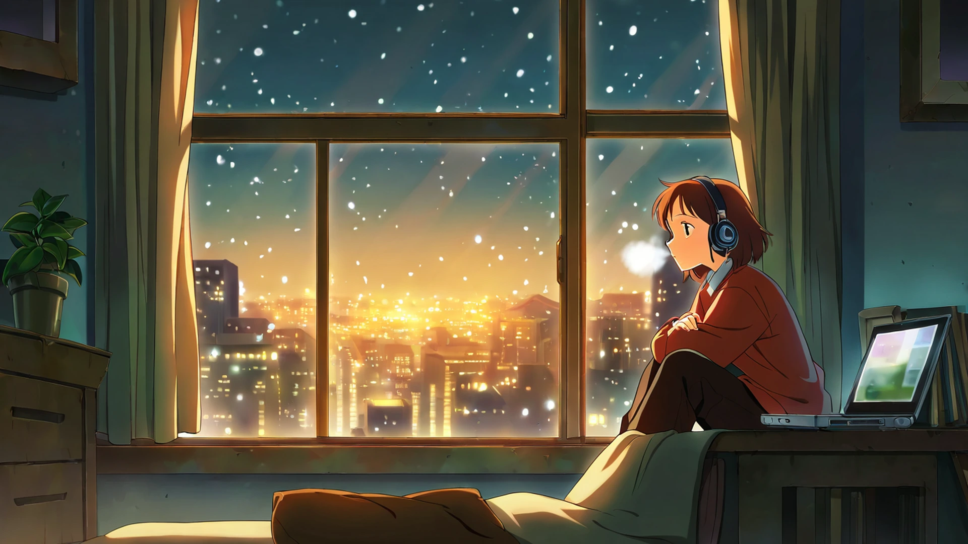bedroom window night lofi wallpaper