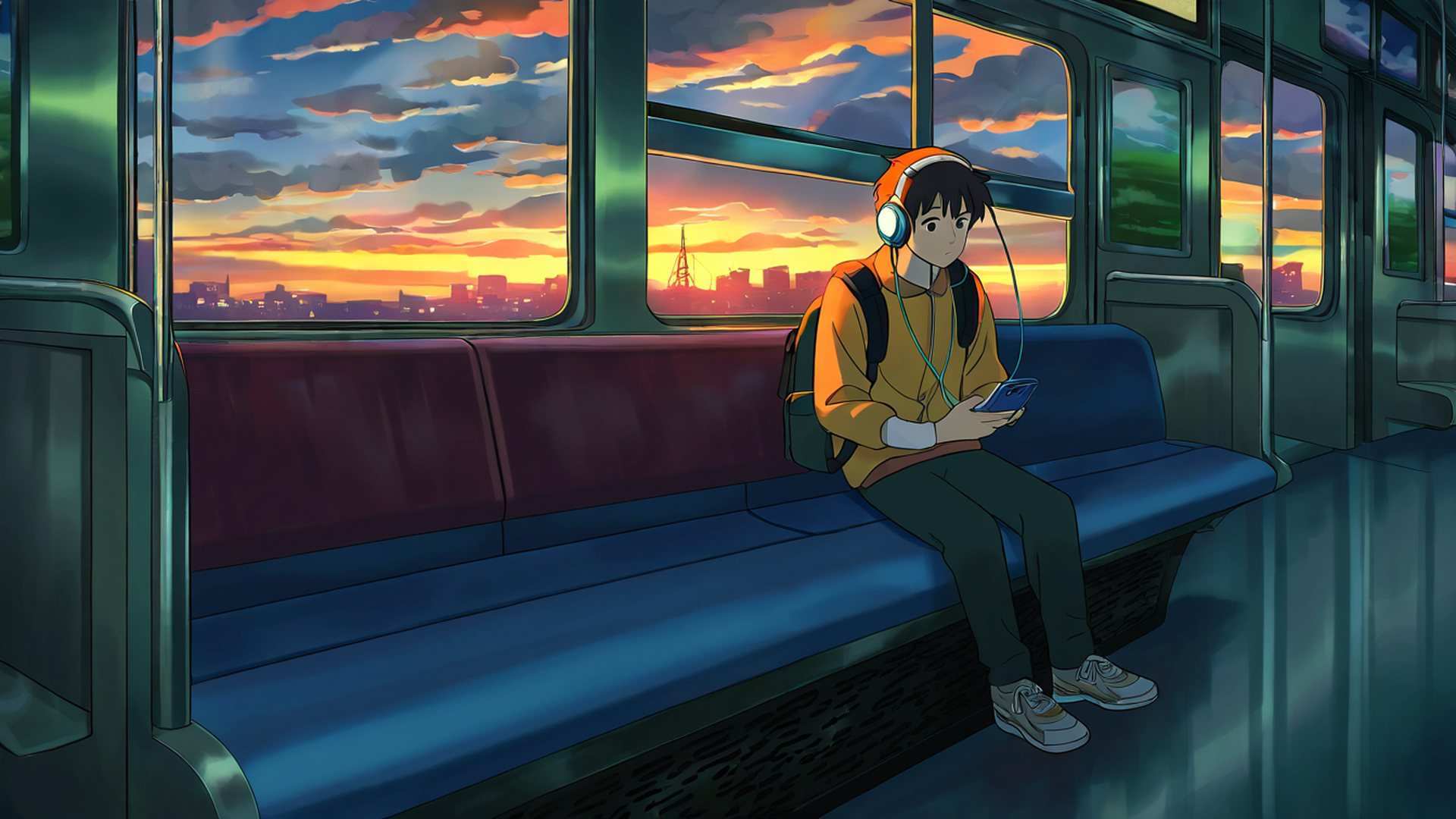 boy train headphones lofi wallpaper