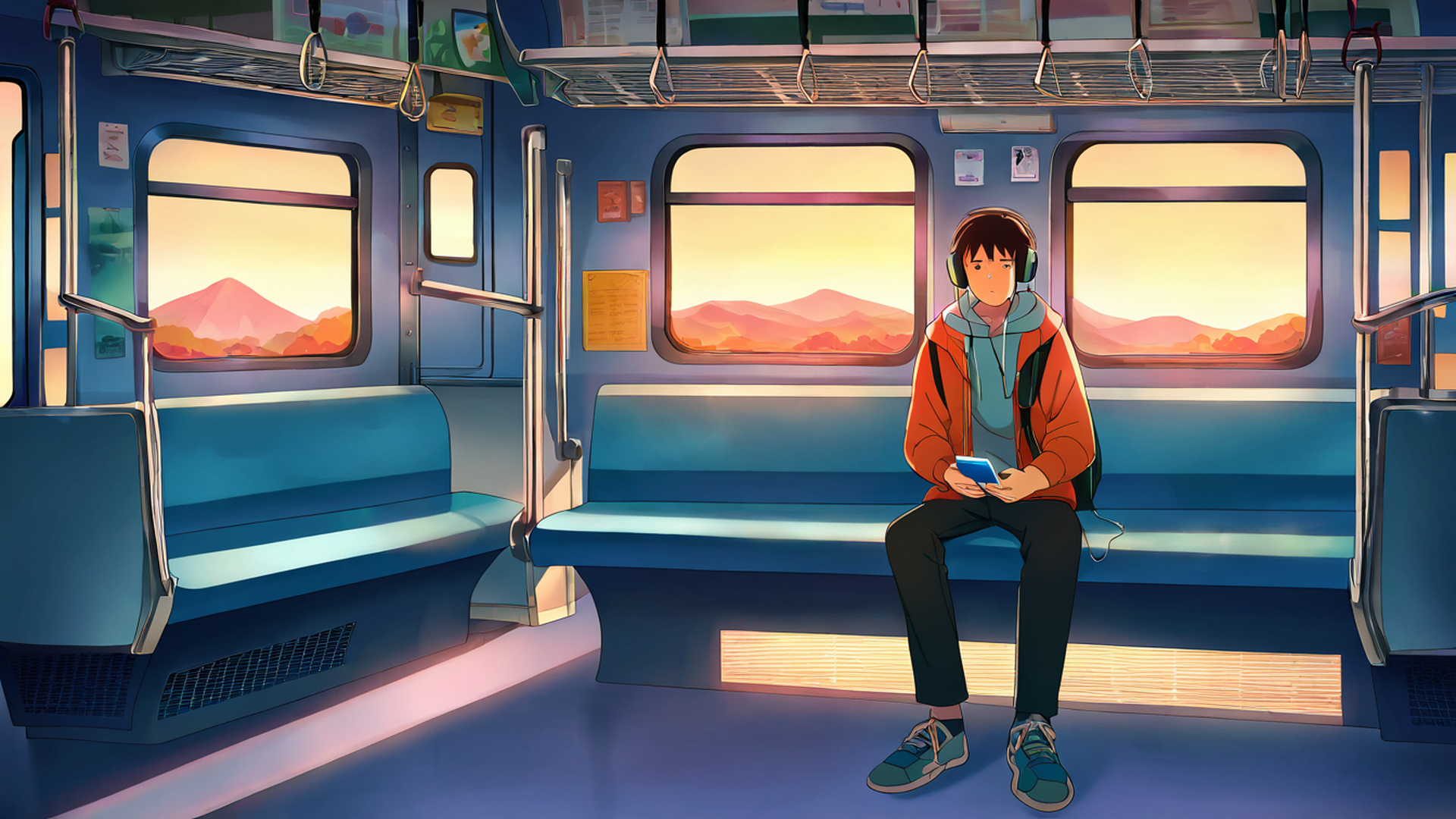 boy train headphones lofi wallpaper
