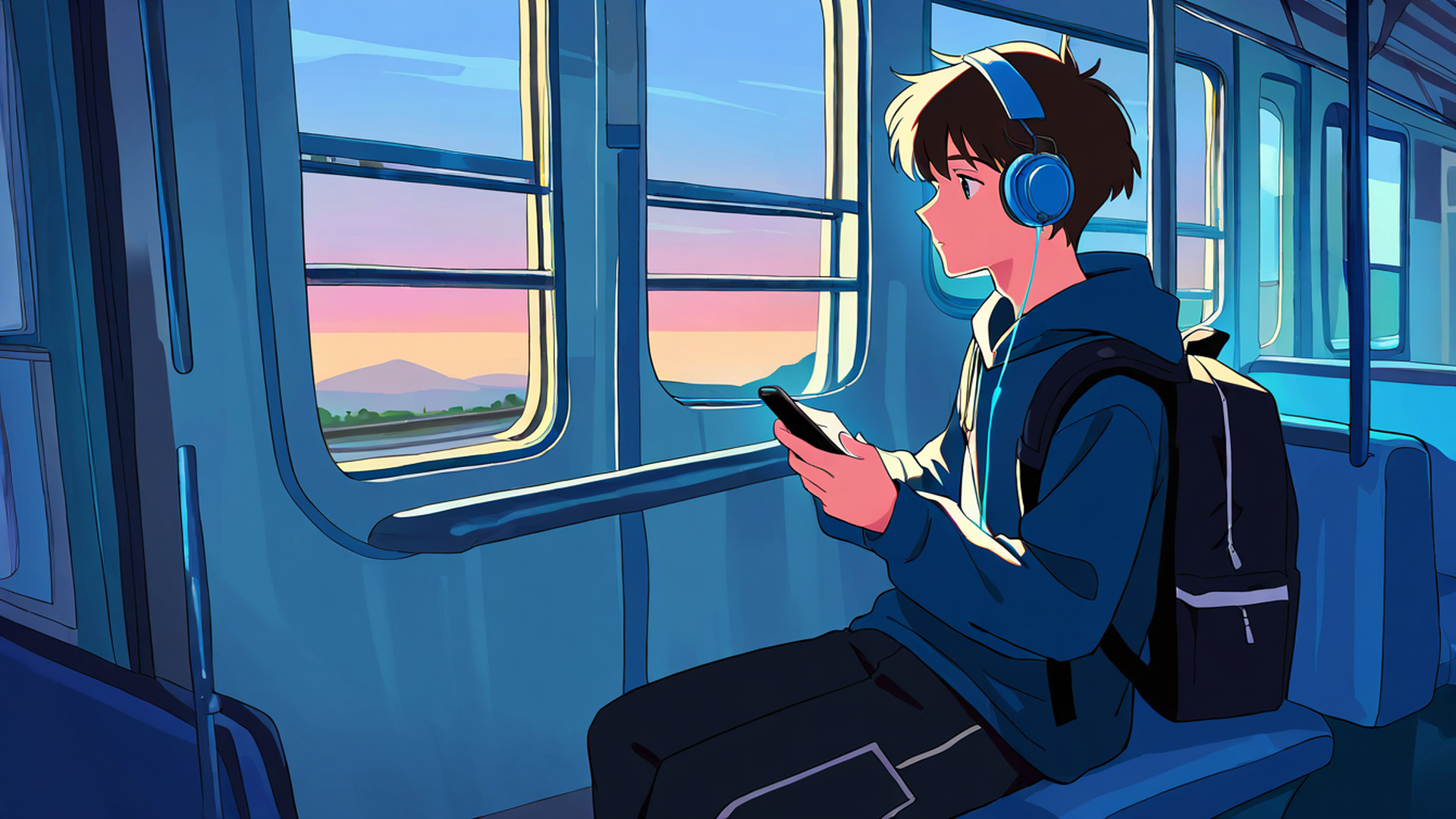 boy train headphones lofi wallpaper