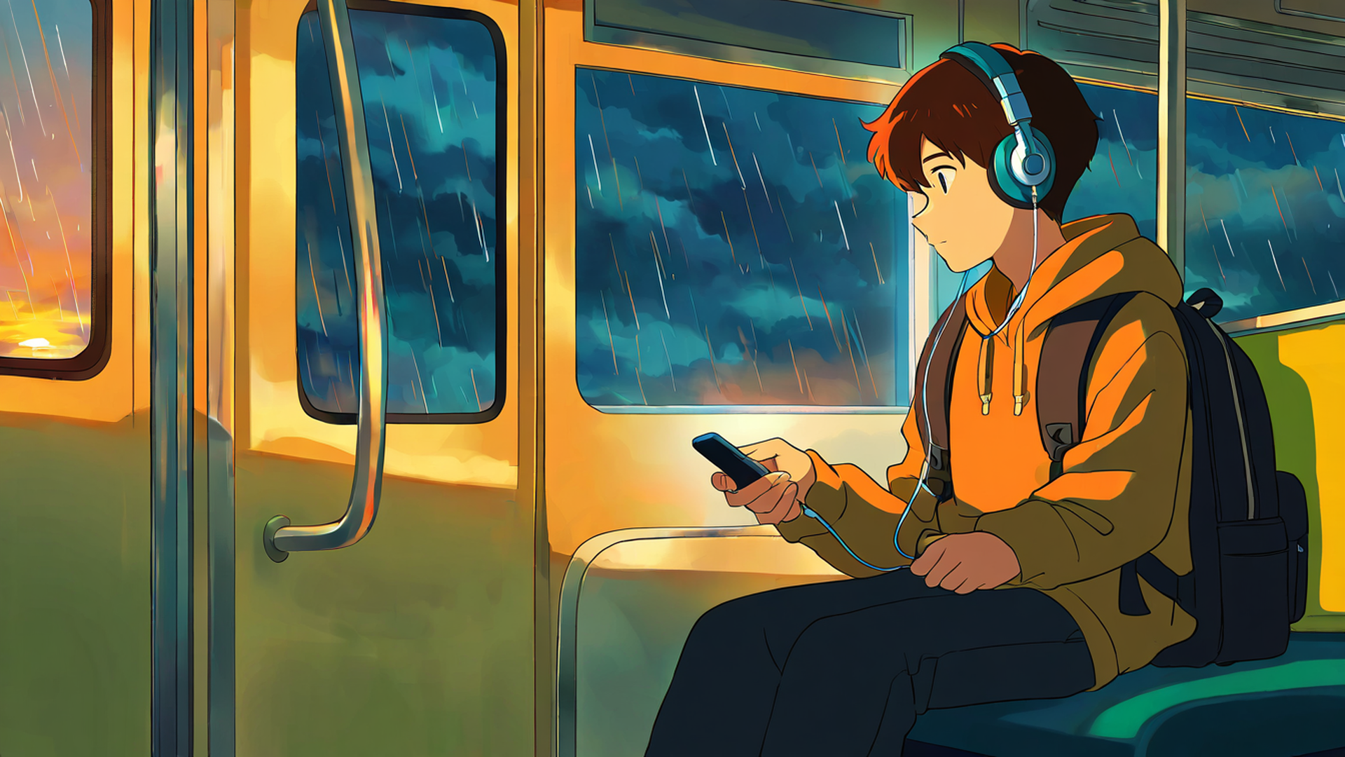 boy train headphones lofi wallpaper