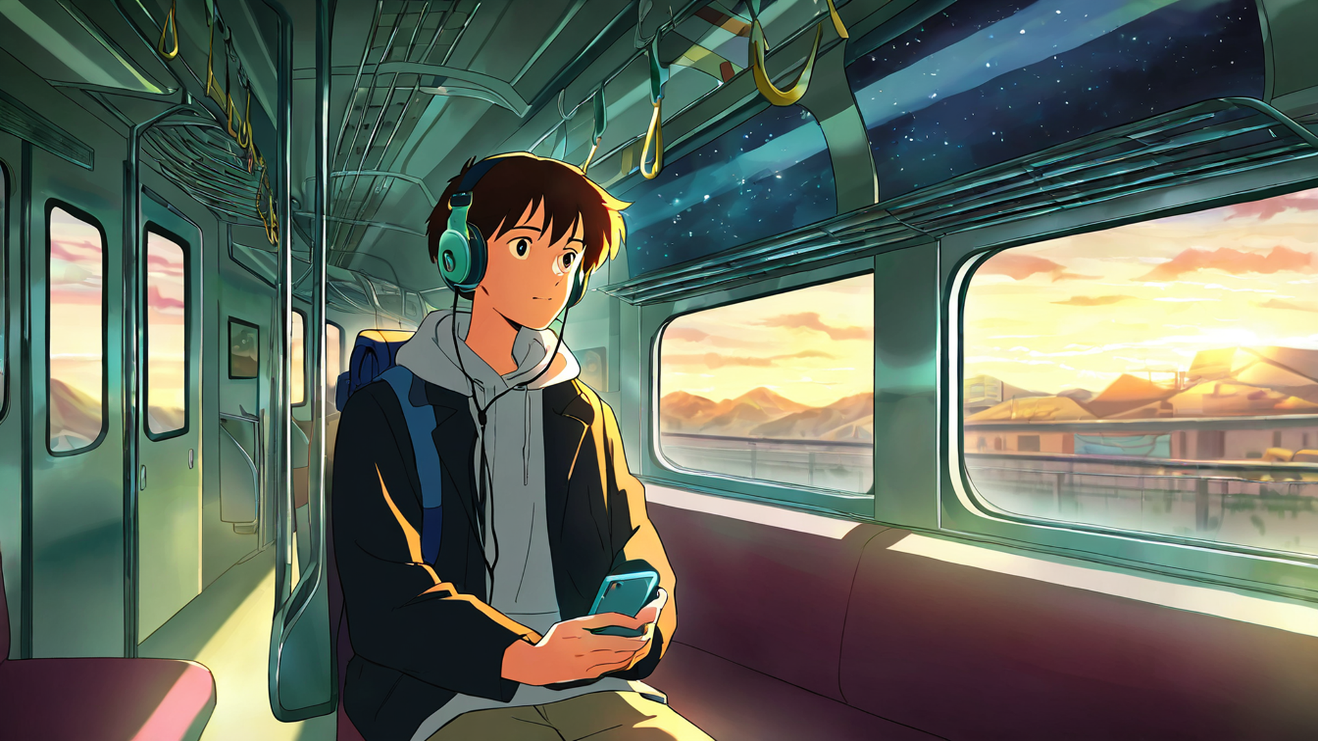 boy train headphones lofi wallpaper