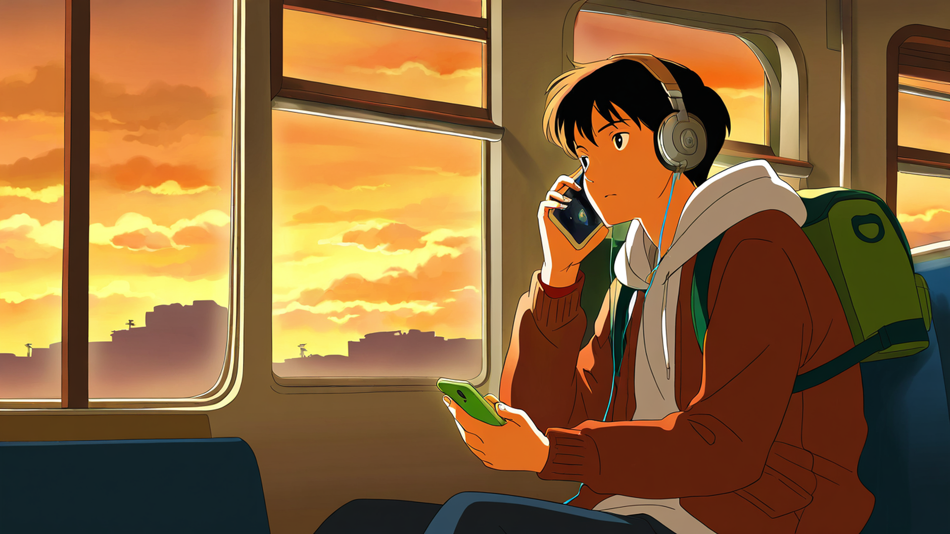 boy train headphones lofi wallpaper