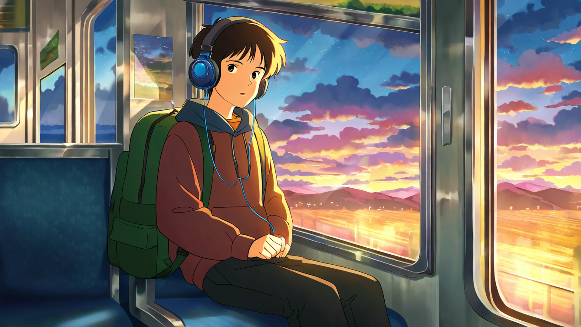 boy train headphones lofi wallpaper
