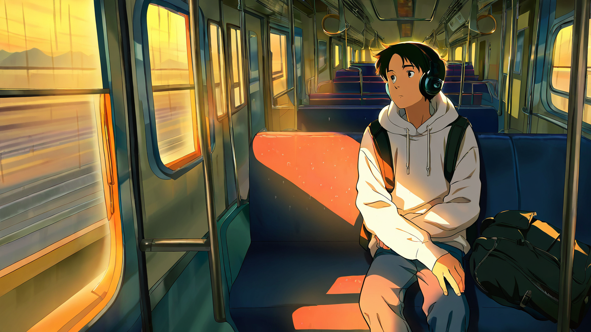 boy train headphones lofi wallpaper