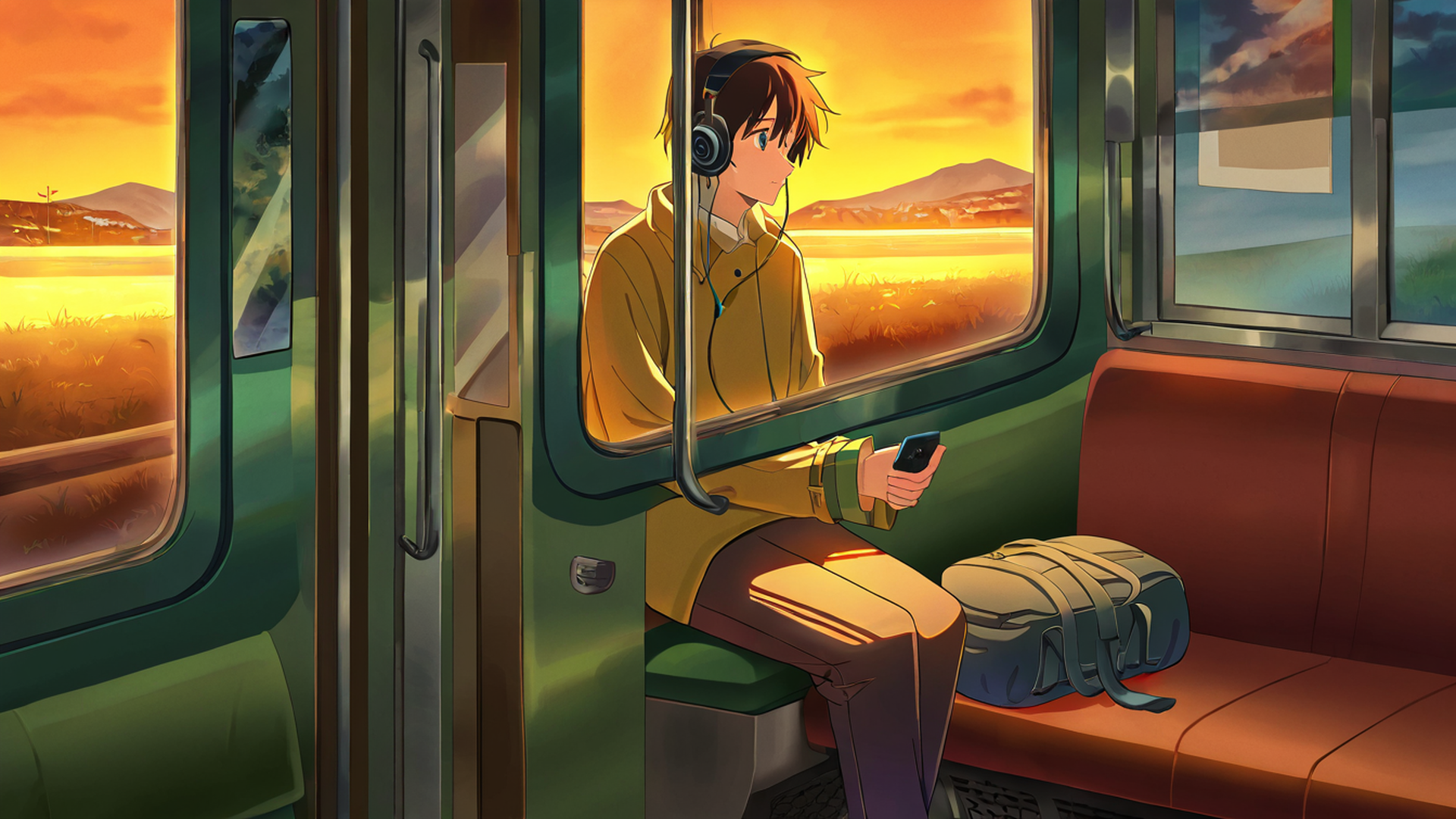 boy train headphones lofi wallpaper