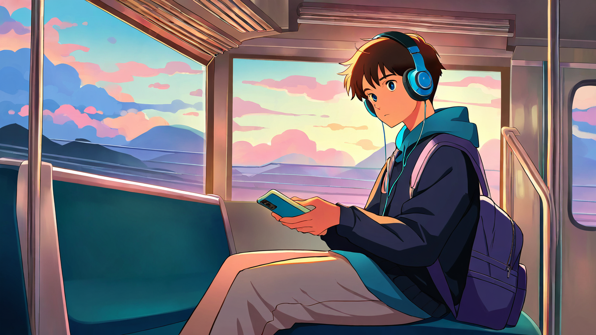 boy train headphones lofi wallpaper