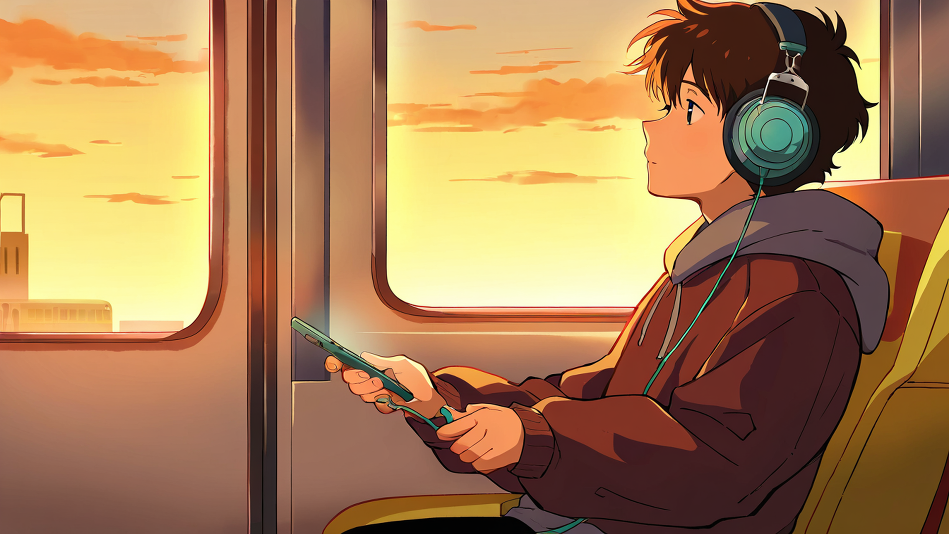 boy train headphones lofi wallpaper