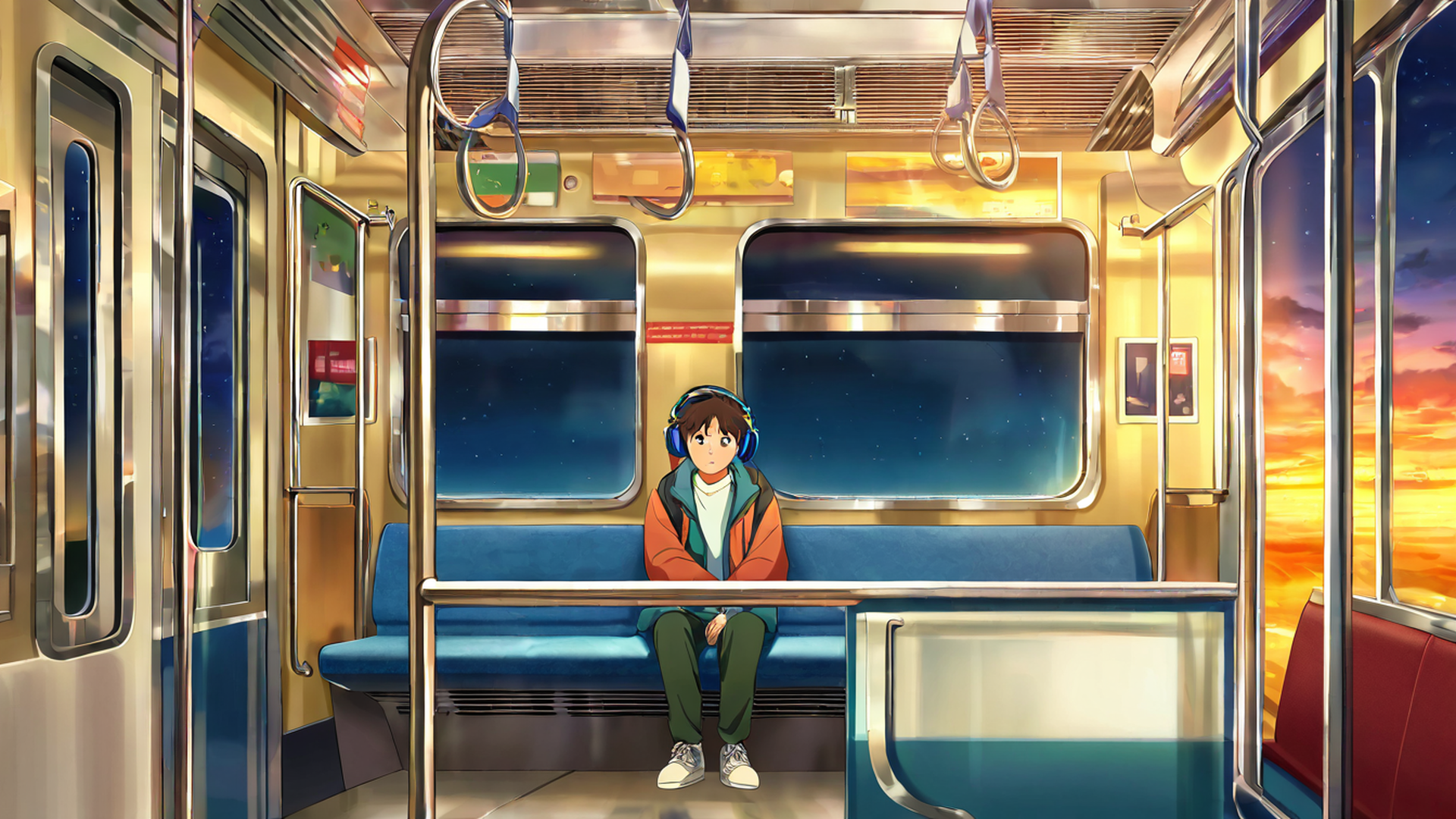 boy train headphones lofi wallpaper