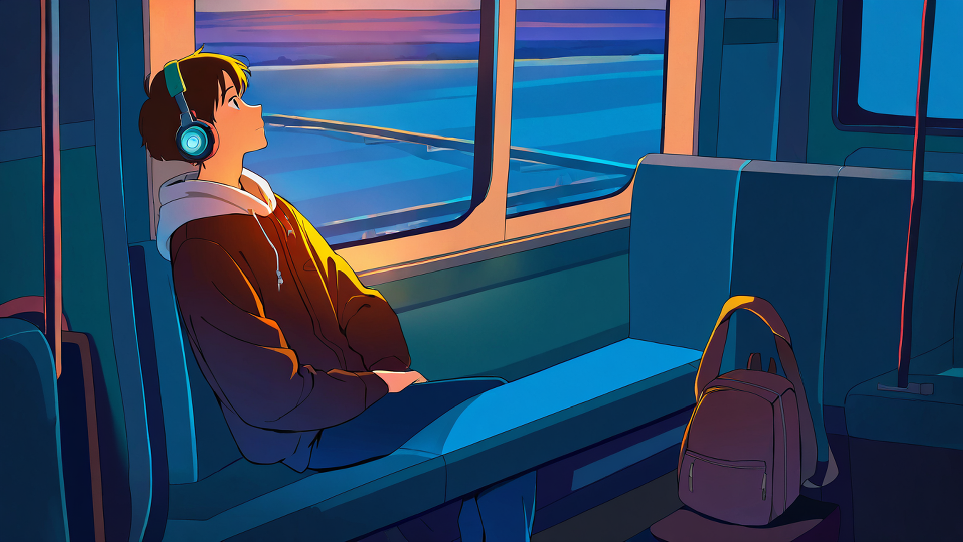 boy train headphones lofi wallpaper