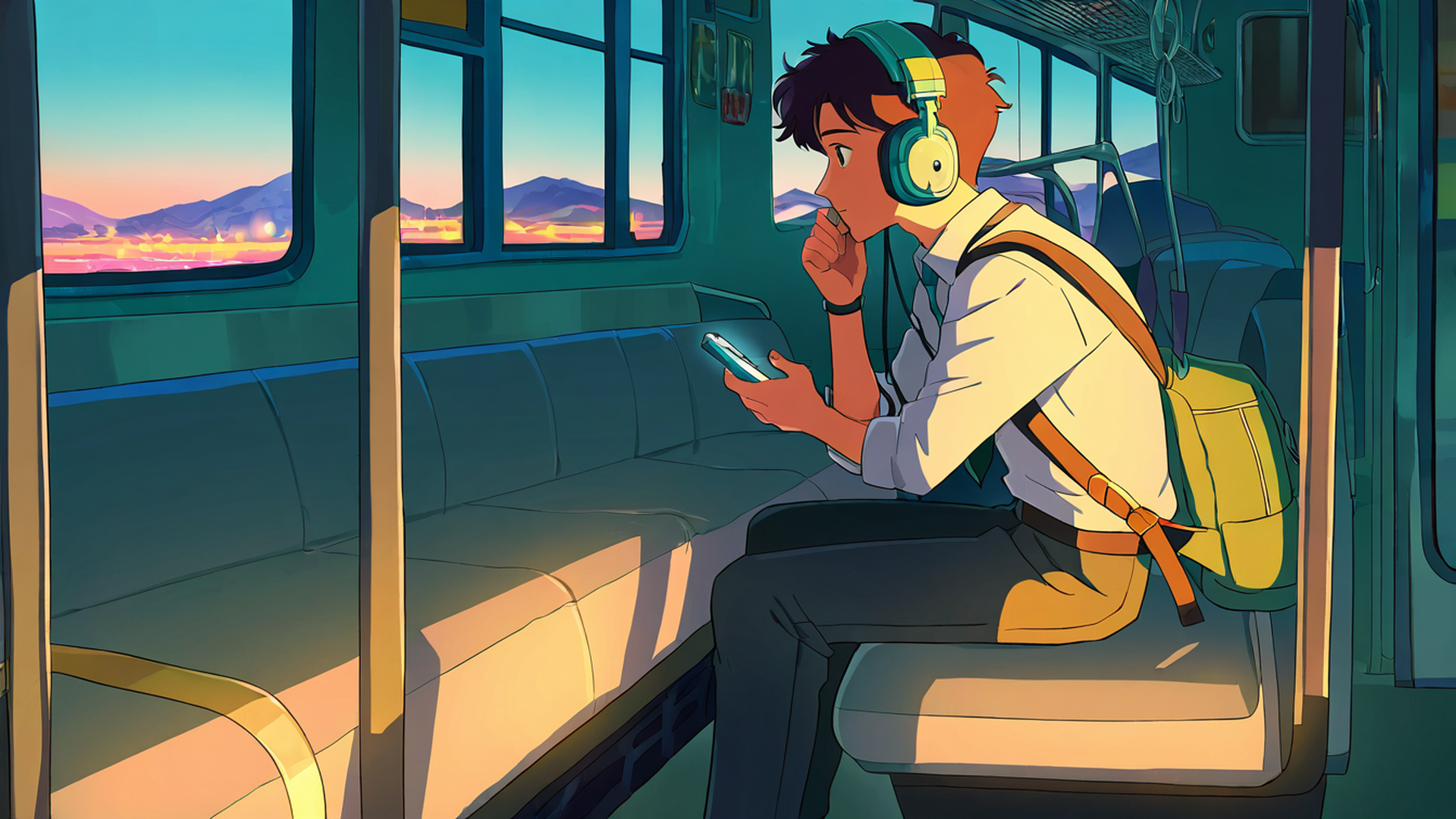 boy train headphones lofi wallpaper